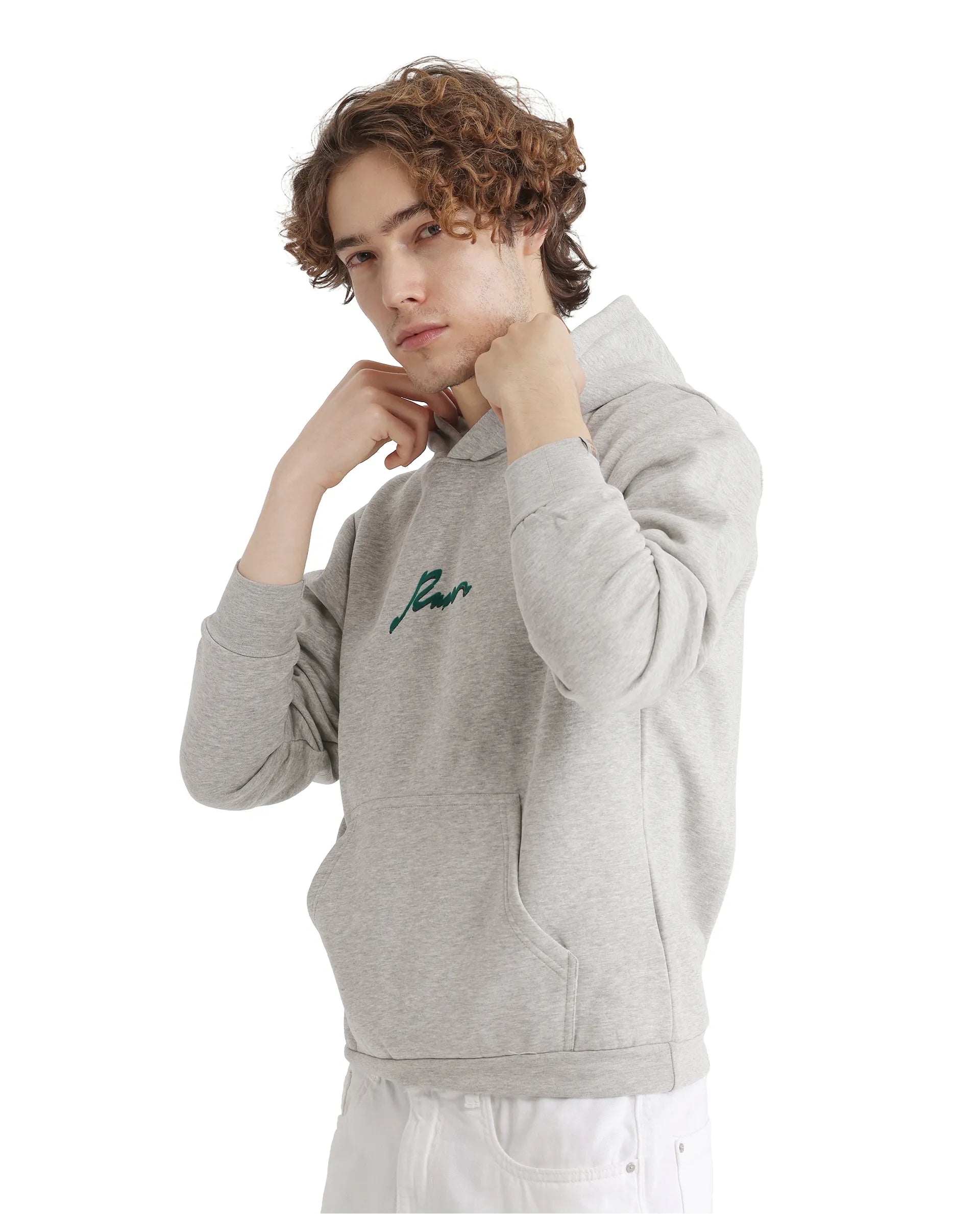 Rare Rabbit Men Rew-2 Melange Grey Full Sleeve Cotton Polyester Fabric Full Sleeve Crew Neck Regular Fit Graphic Flock Print Sweatshirt