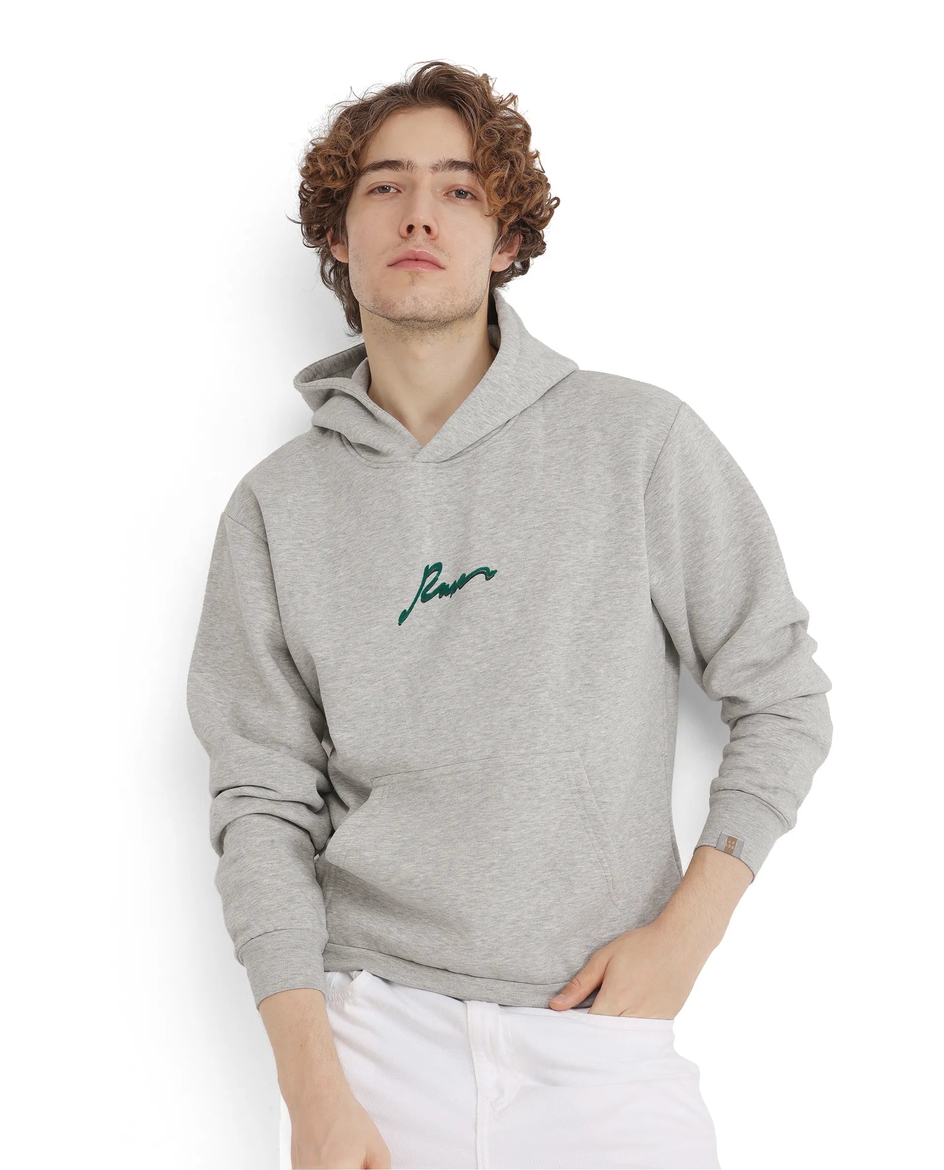 Rare Rabbit Men Rew-2 Melange Grey Full Sleeve Cotton Polyester Fabric Full Sleeve Crew Neck Regular Fit Graphic Flock Print Sweatshirt