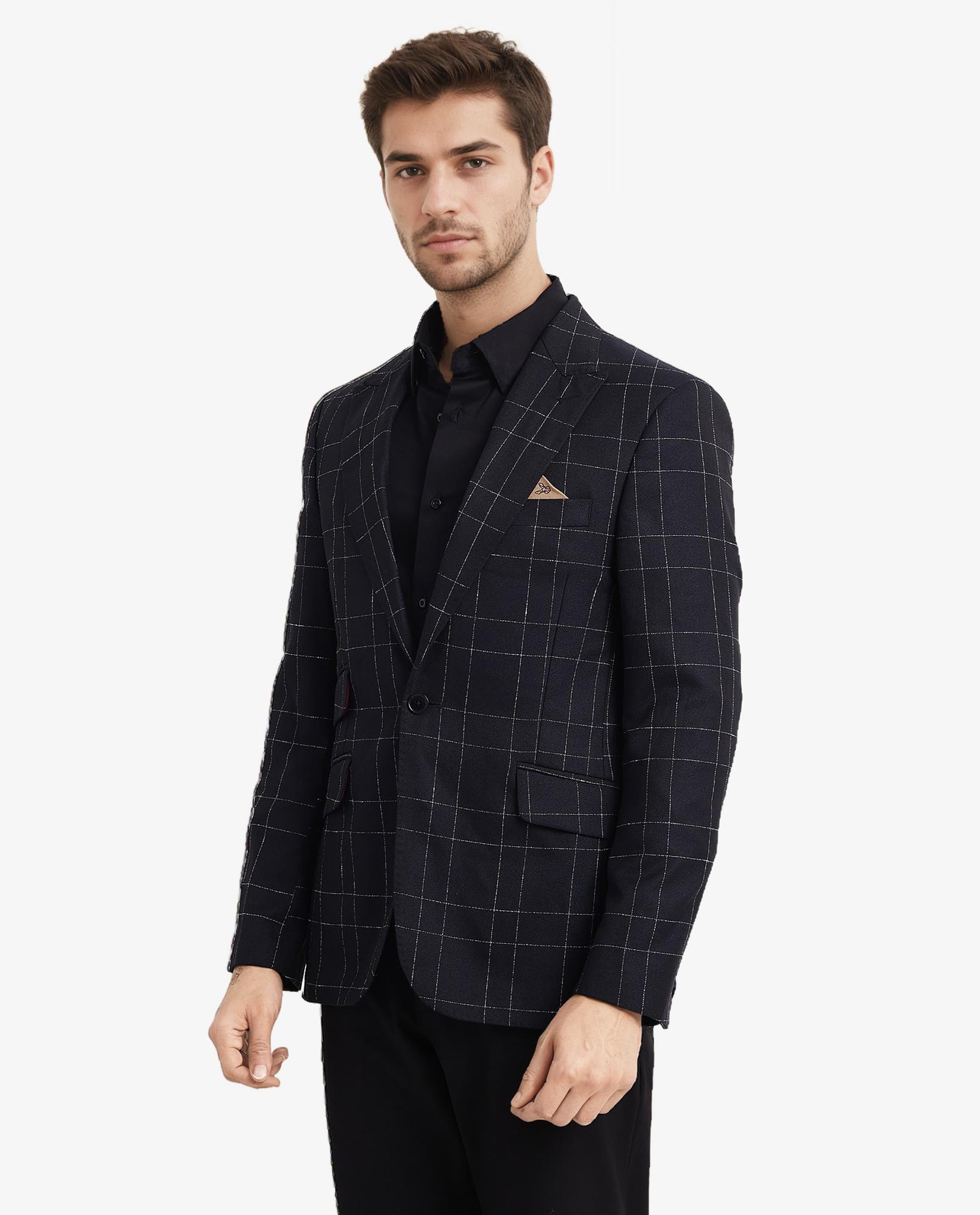 Rare Rabbit Men's Rewind Navy Full Sleeves Tailored Fit Windowpane Check Blazer