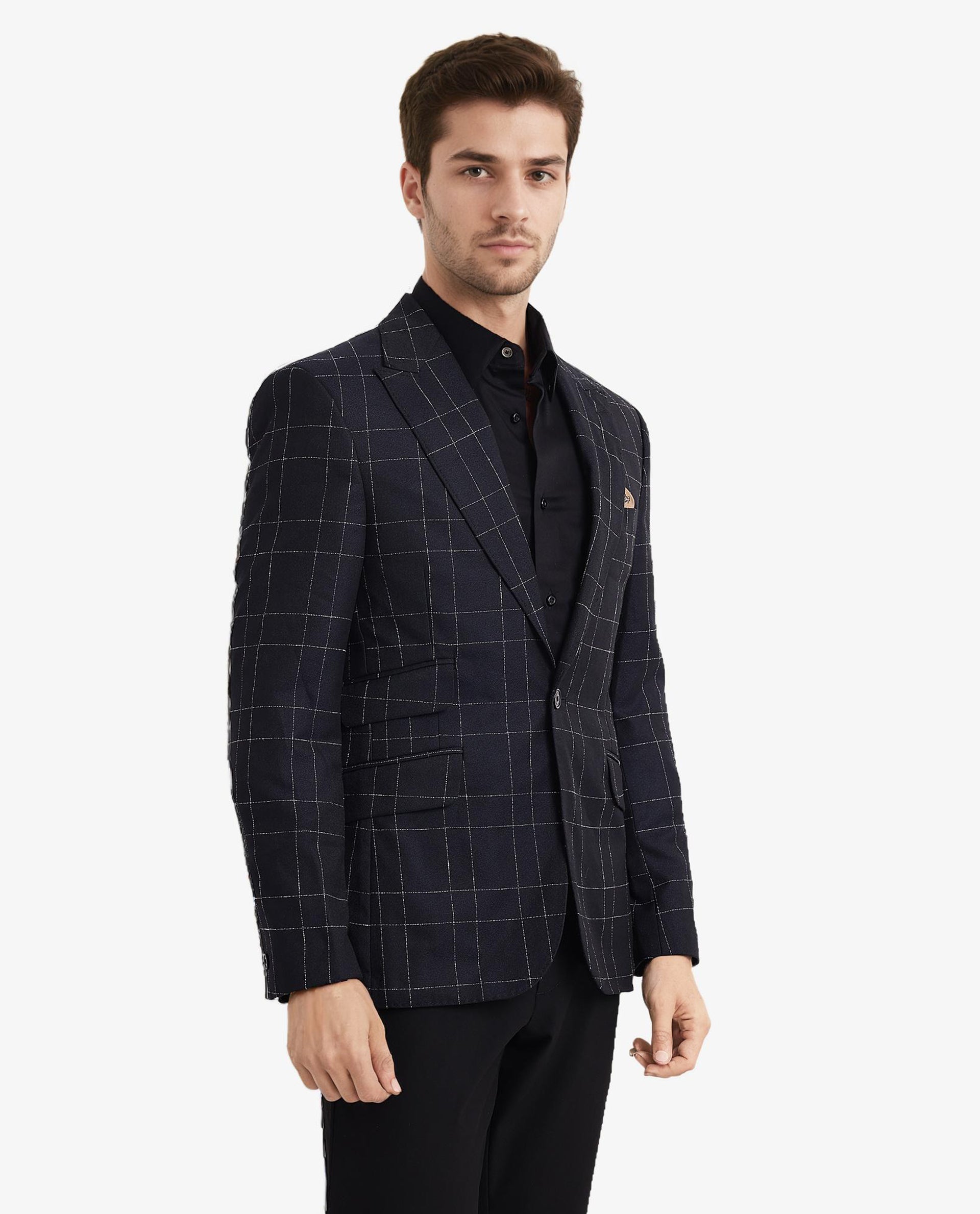 Rare Rabbit Men's Rewind Navy Full Sleeves Tailored Fit Windowpane Check Blazer