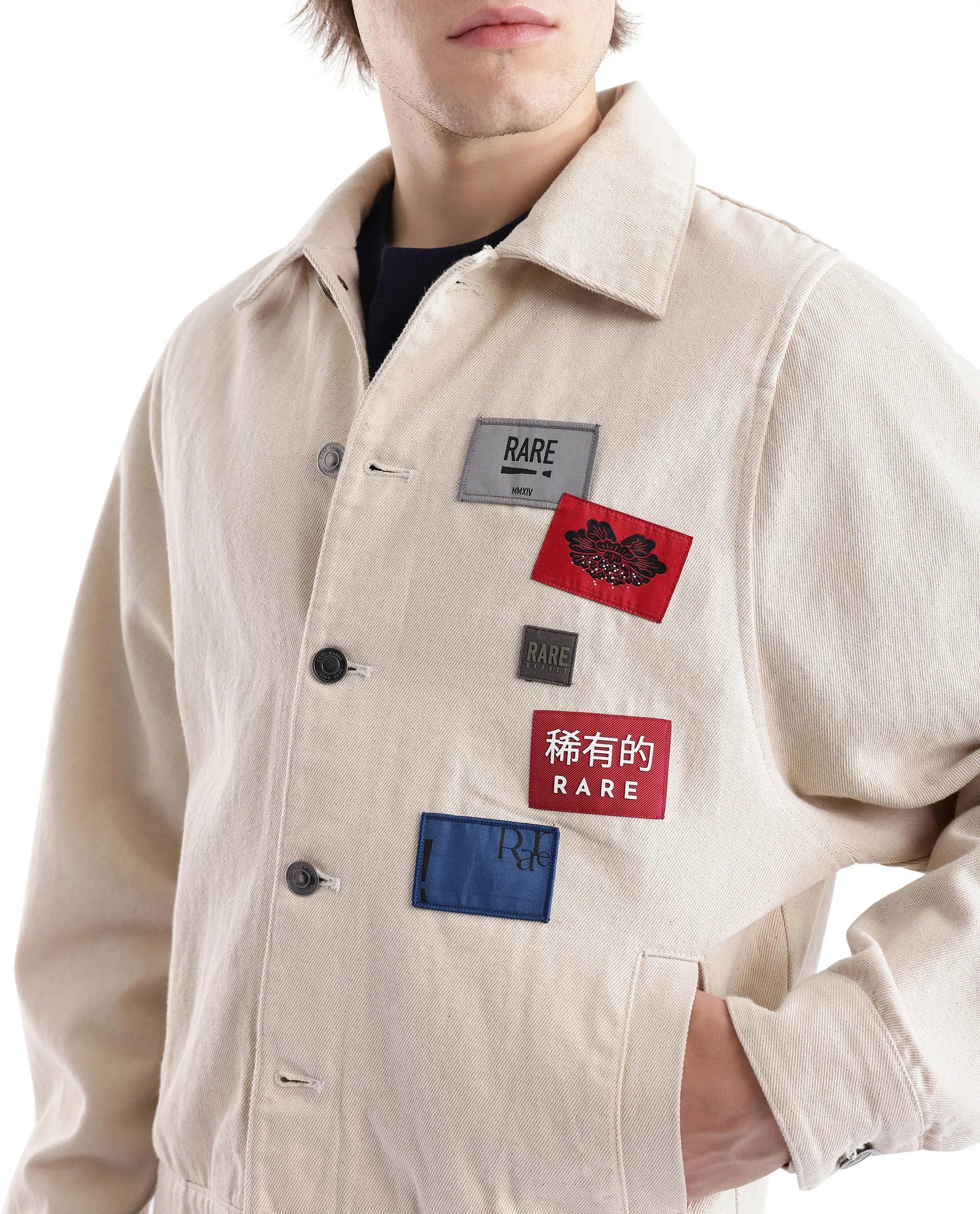 Rare Rabbit Men Rewq Off White Cotton Fabric Collared Neck Jacket