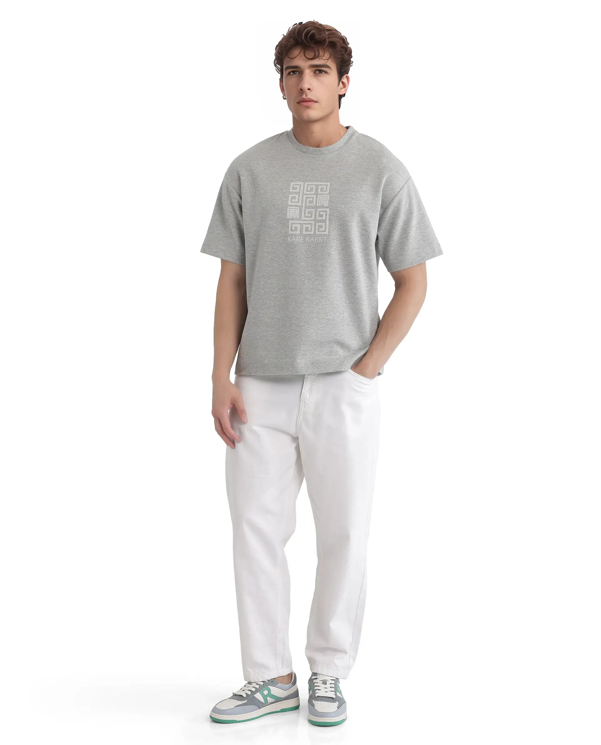 Rare Rabbit Men Rexo Melange Grey Cotton Poly Fabric Short Sleeve Crew Neck Graphic HD Print T-Shirt