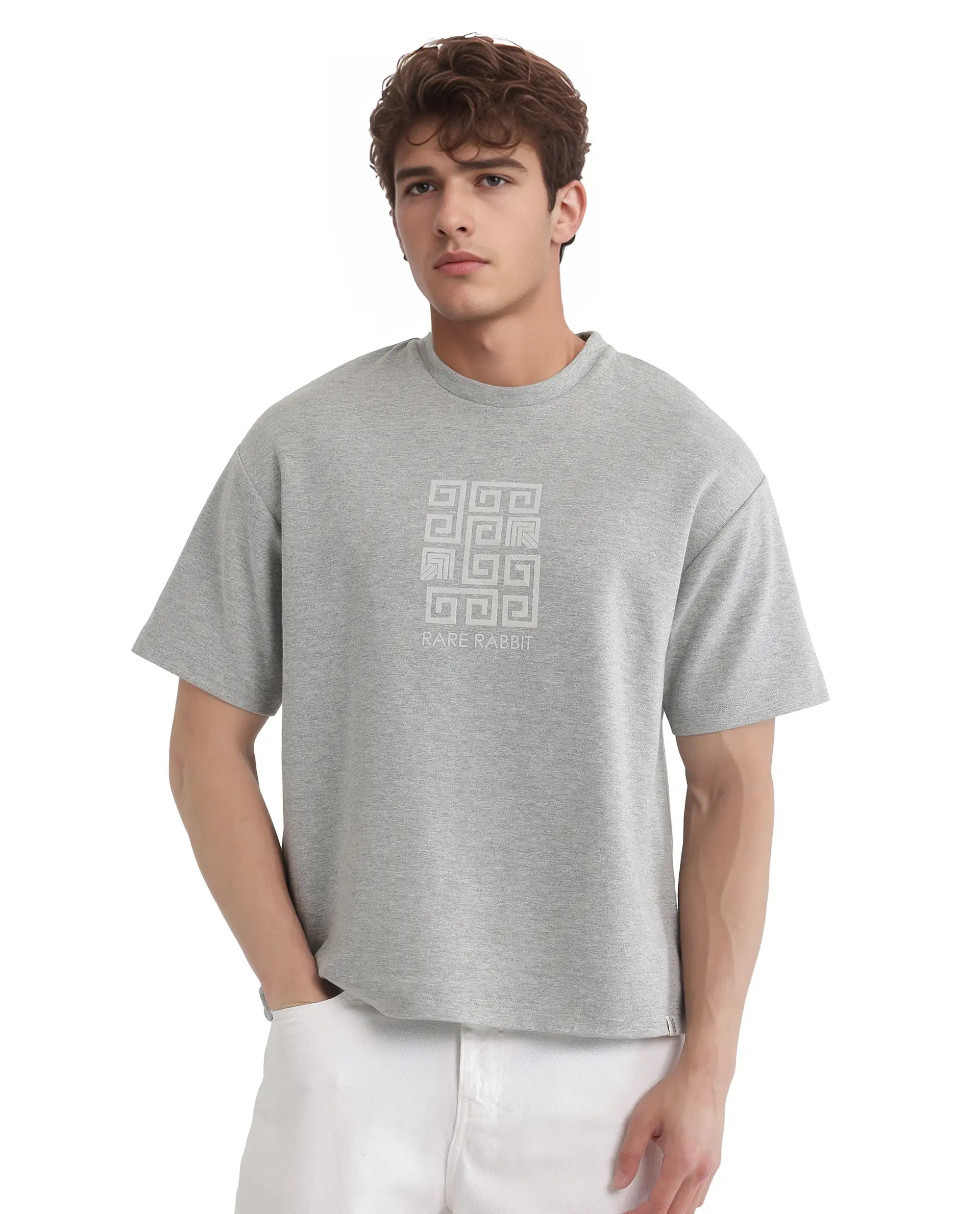Rare Rabbit Men Rexo Melange Grey Cotton Poly Fabric Short Sleeve Crew Neck Graphic HD Print T-Shirt