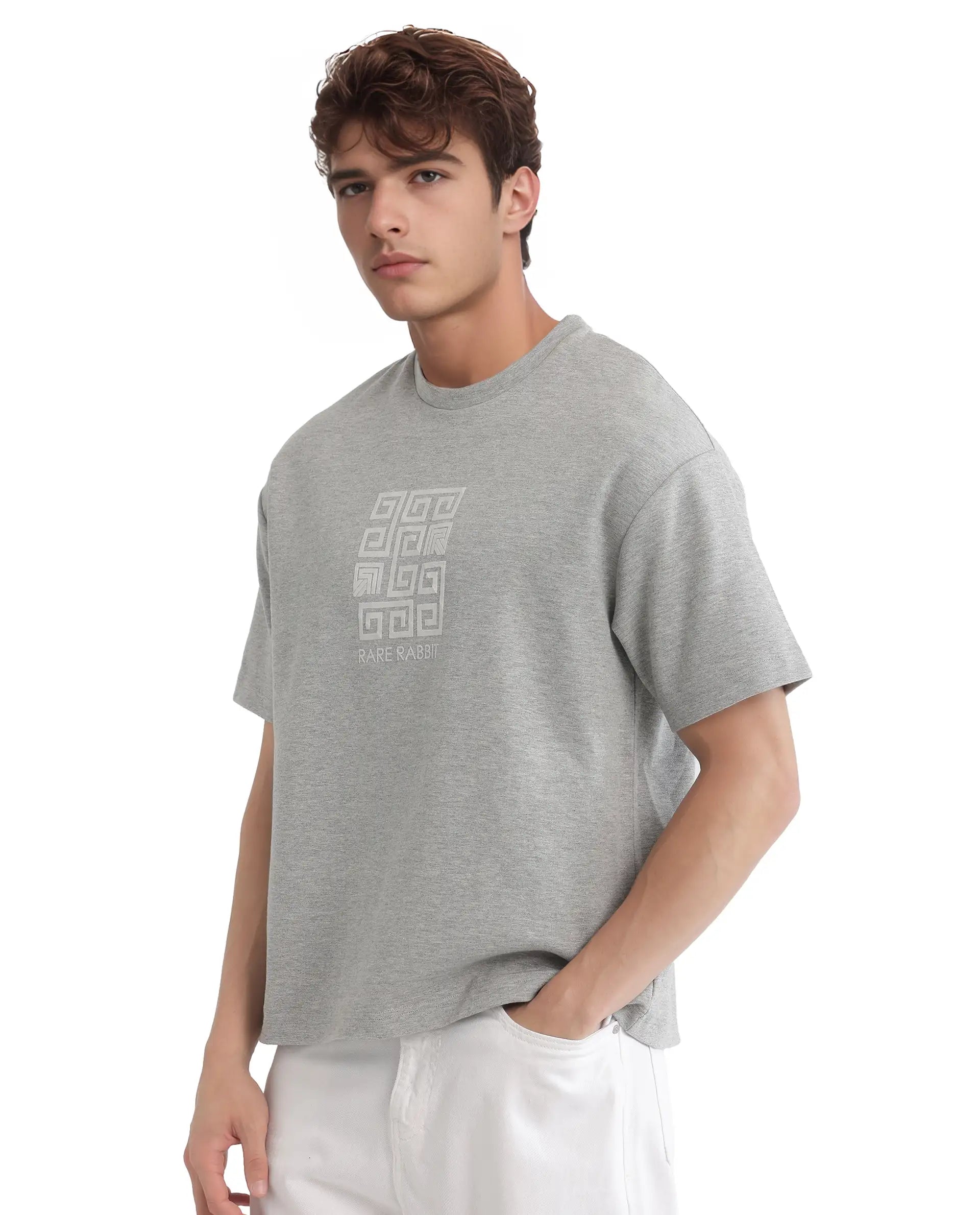 Rare Rabbit Men Rexo Melange Grey Cotton Poly Fabric Short Sleeve Crew Neck Graphic HD Print T-Shirt