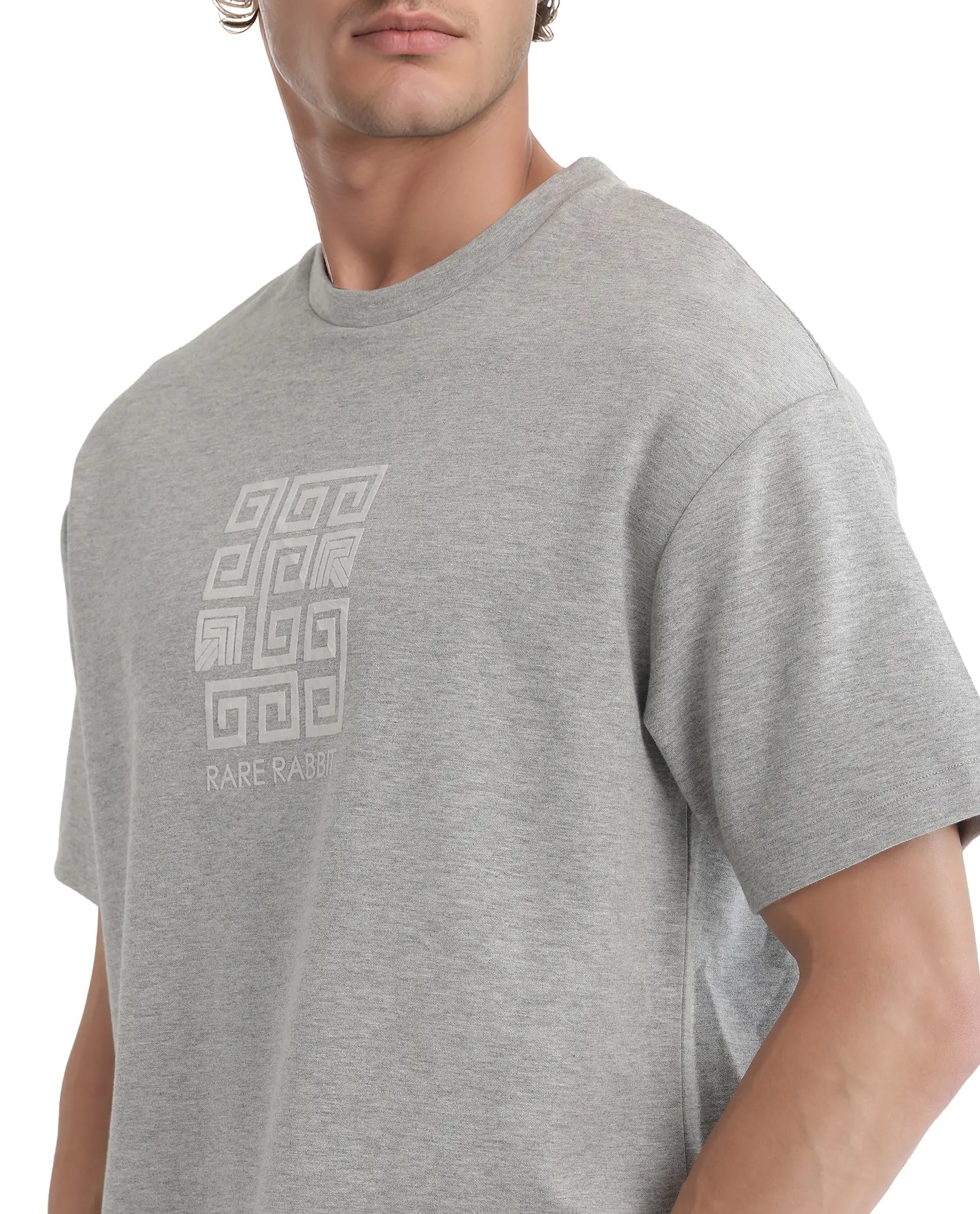 Rare Rabbit Men Rexo Melange Grey Cotton Poly Fabric Short Sleeve Crew Neck Graphic HD Print T-Shirt