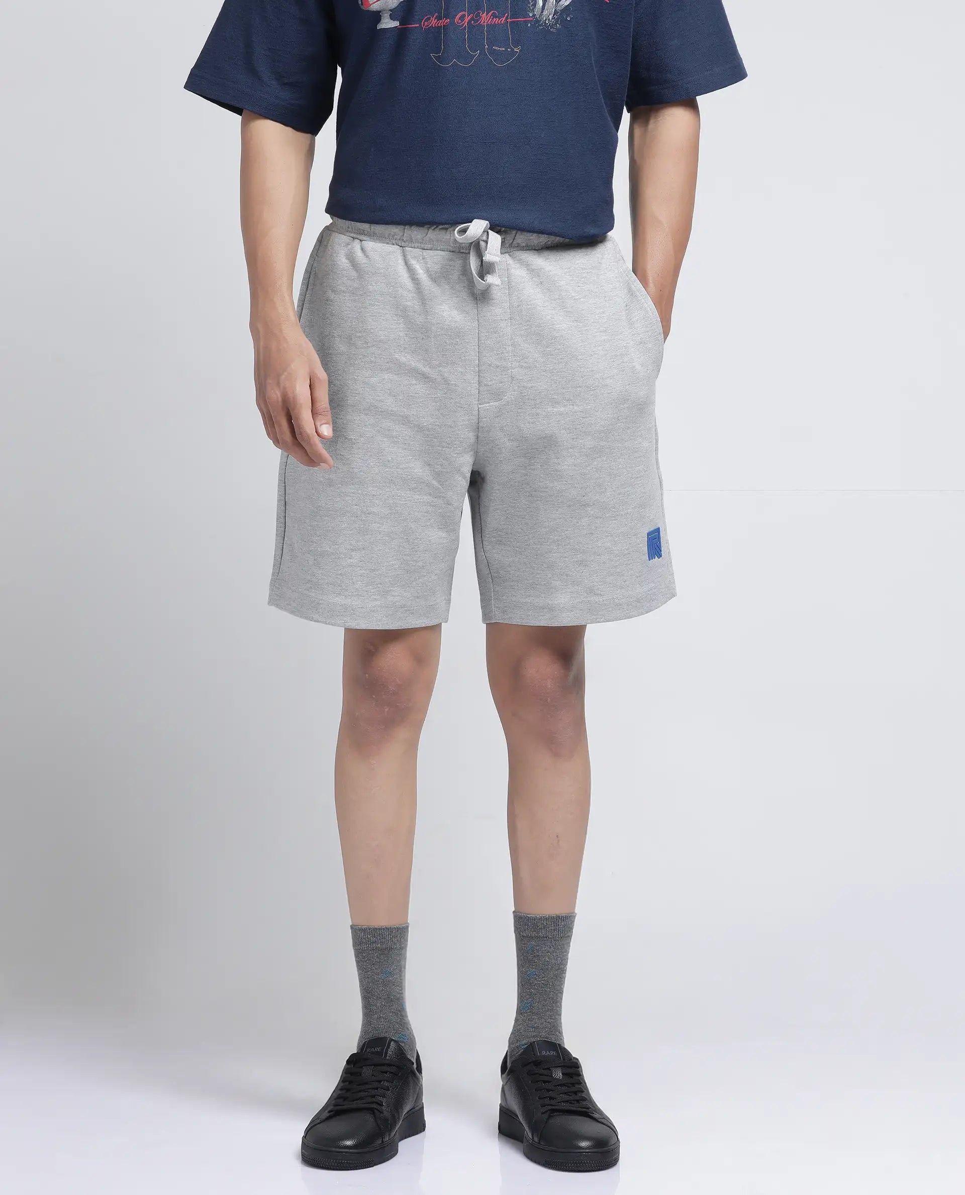 Rare Rabbit Men Rexon Grey Cotton Elastane Fabric Relaxed fit Plain Shorts