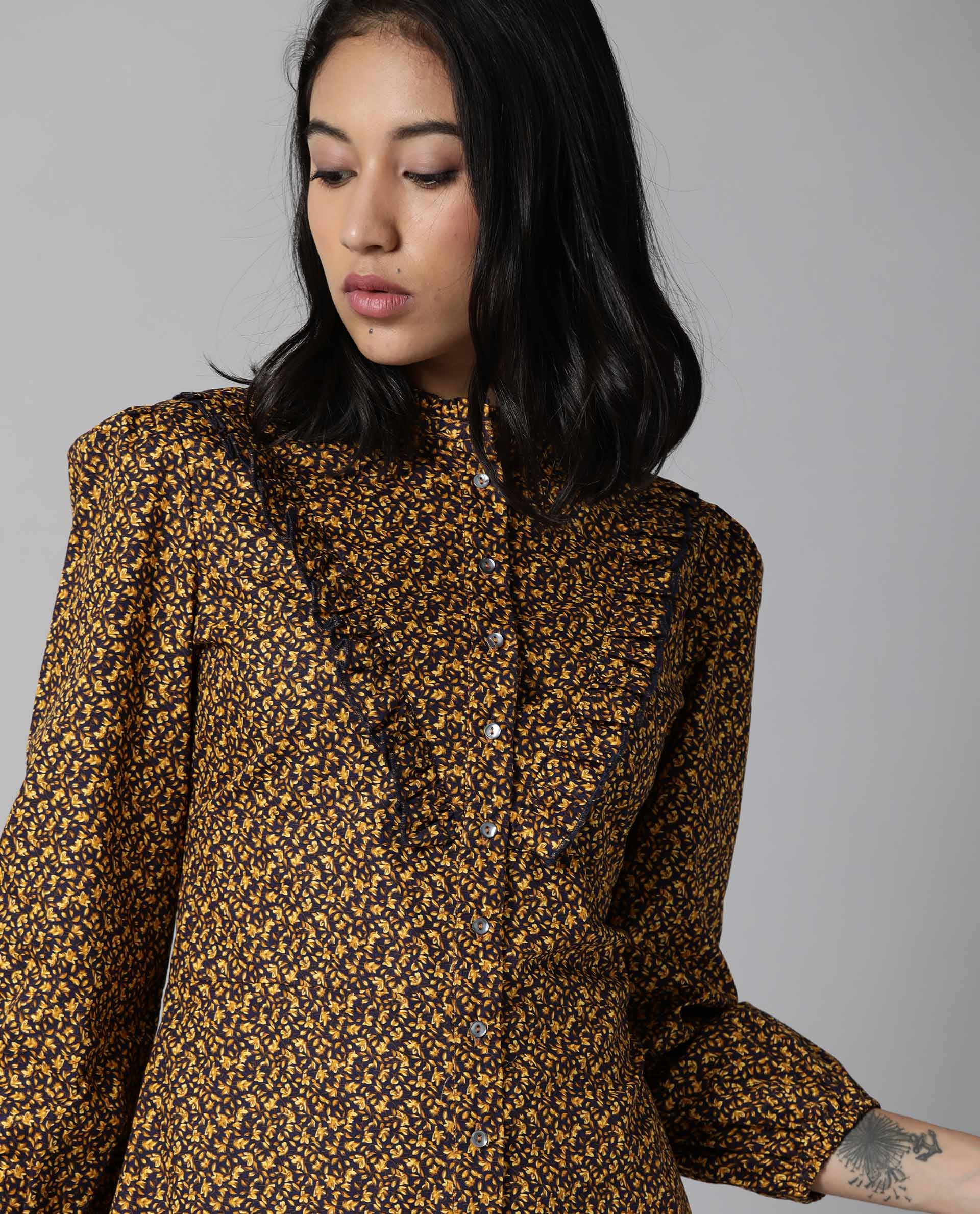Rareism Women Rex Yellow Printed Mandarin Collar Full Sleeves With Ruffles At The Neck Mini Dress