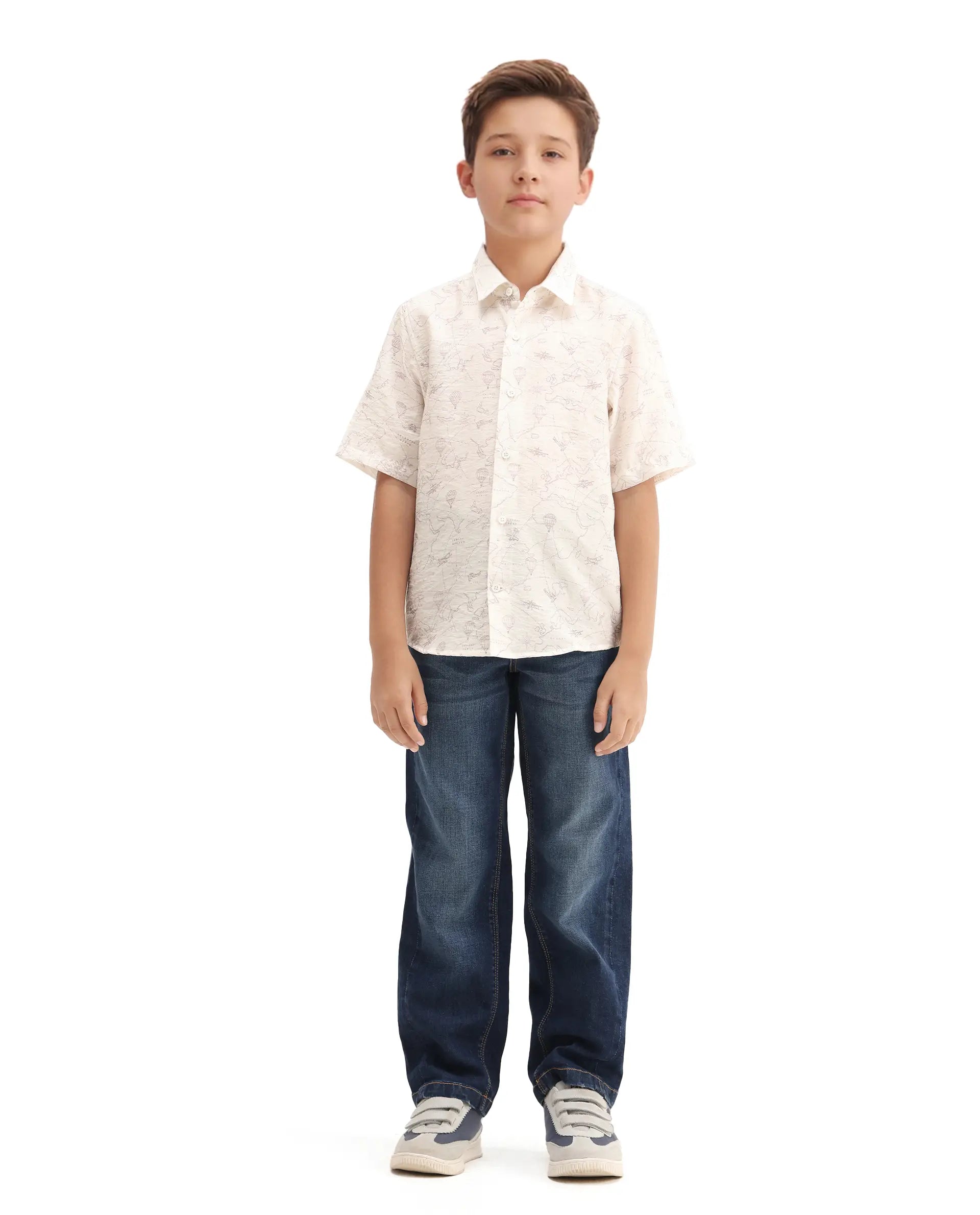 Rare Ones Kids Reyin Off White Viscose Printed Button Closure Regular Fit Shirt
