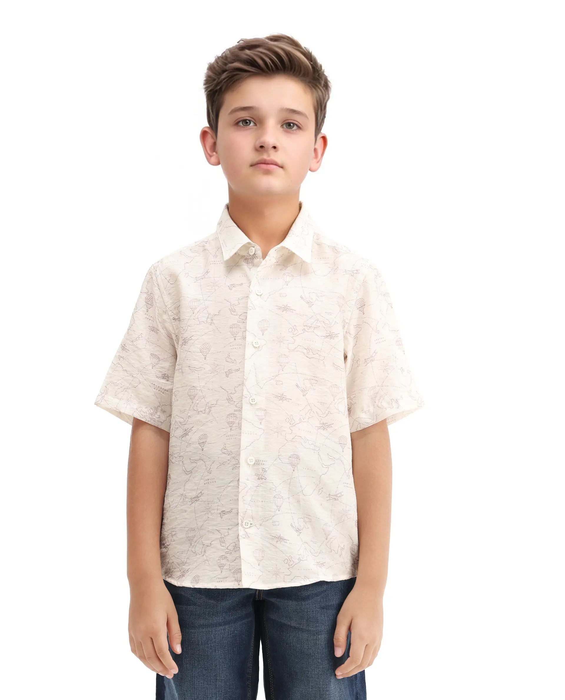 Rare Ones Kids Reyin Off White Viscose Printed Button Closure Regular Fit Shirt