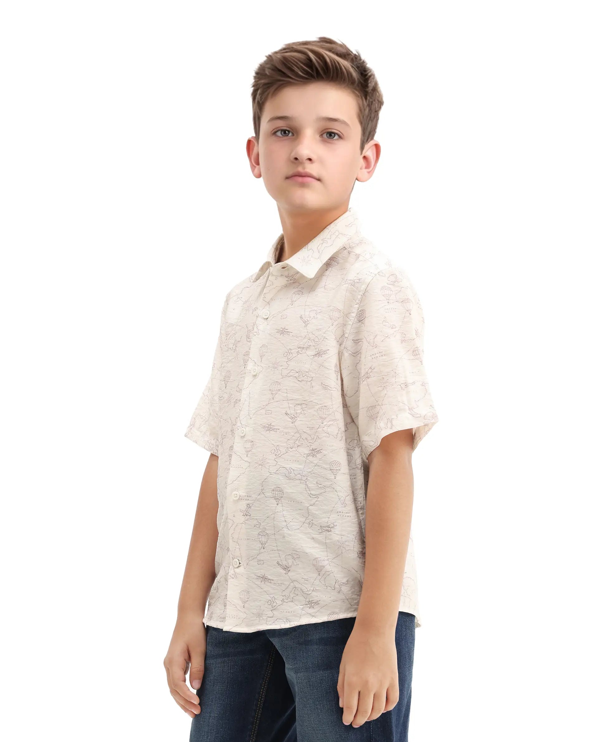 Rare Ones Kids Reyin Off White Viscose Printed Button Closure Regular Fit Shirt
