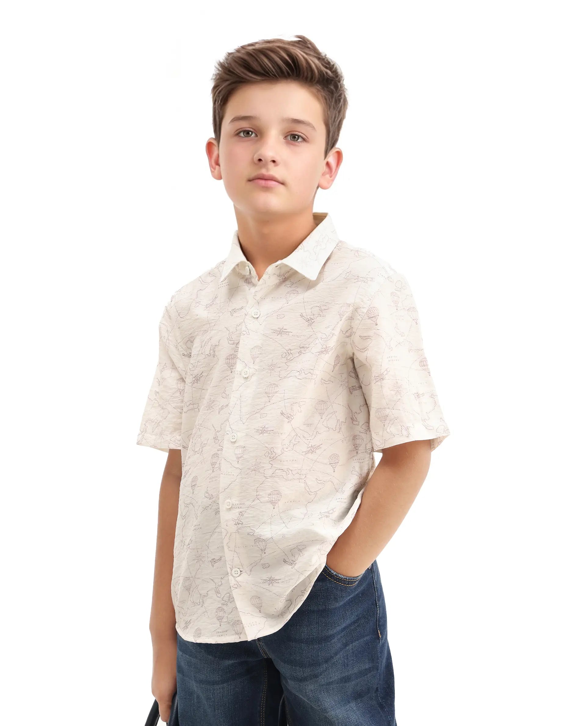 Rare Ones Kids Reyin Off White Viscose Printed Button Closure Regular Fit Shirt