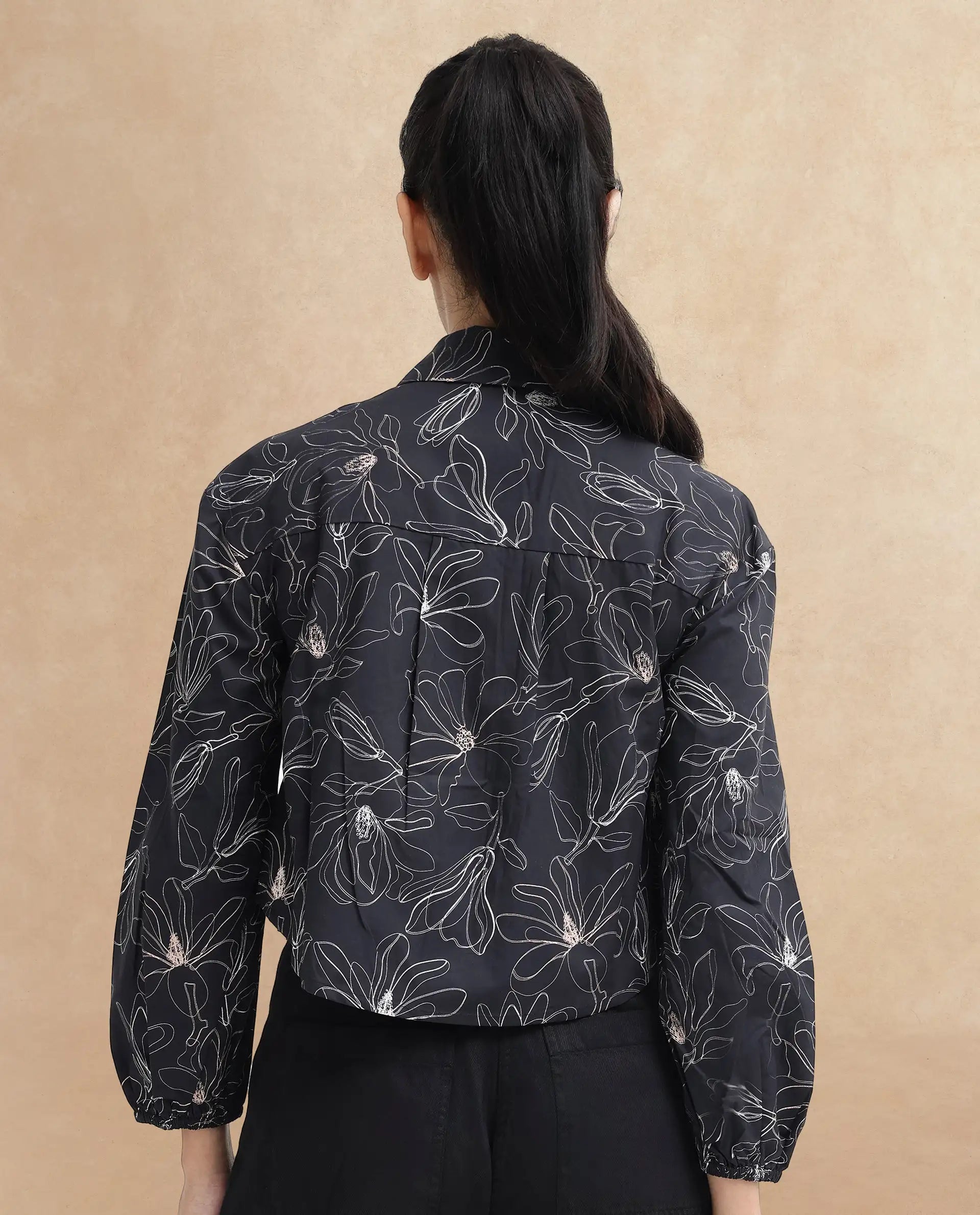 Rareism Women's Reynosa Black Cotton Johnny Collar Floral Print Bishop Sleeve Crop Regular Fit Top