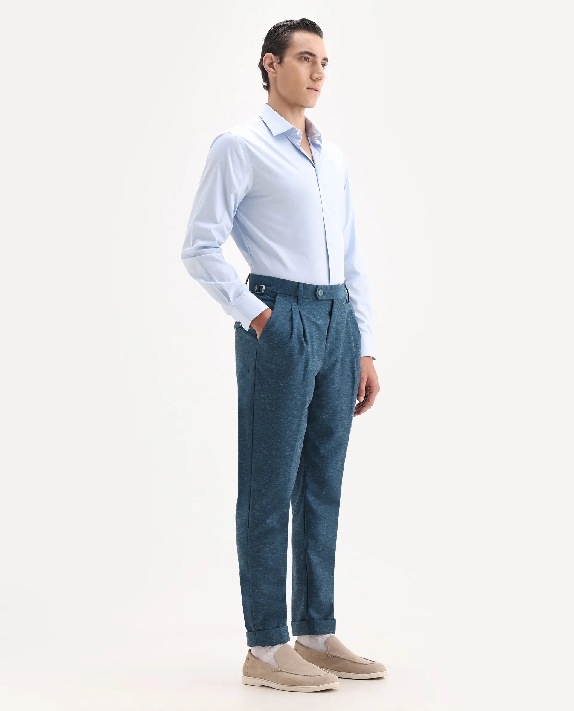 Rare Rabbit Men's Rhesa Dark Teal Linen Blend Plain Relaxed Fit Trouser