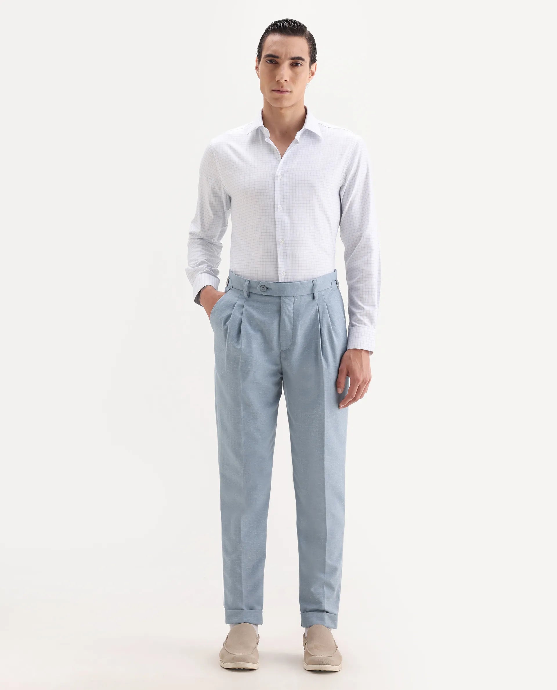 Rare Rabbit Men's Rhesa Light Blue Linen Blend Plain Relaxed Fit Trouser