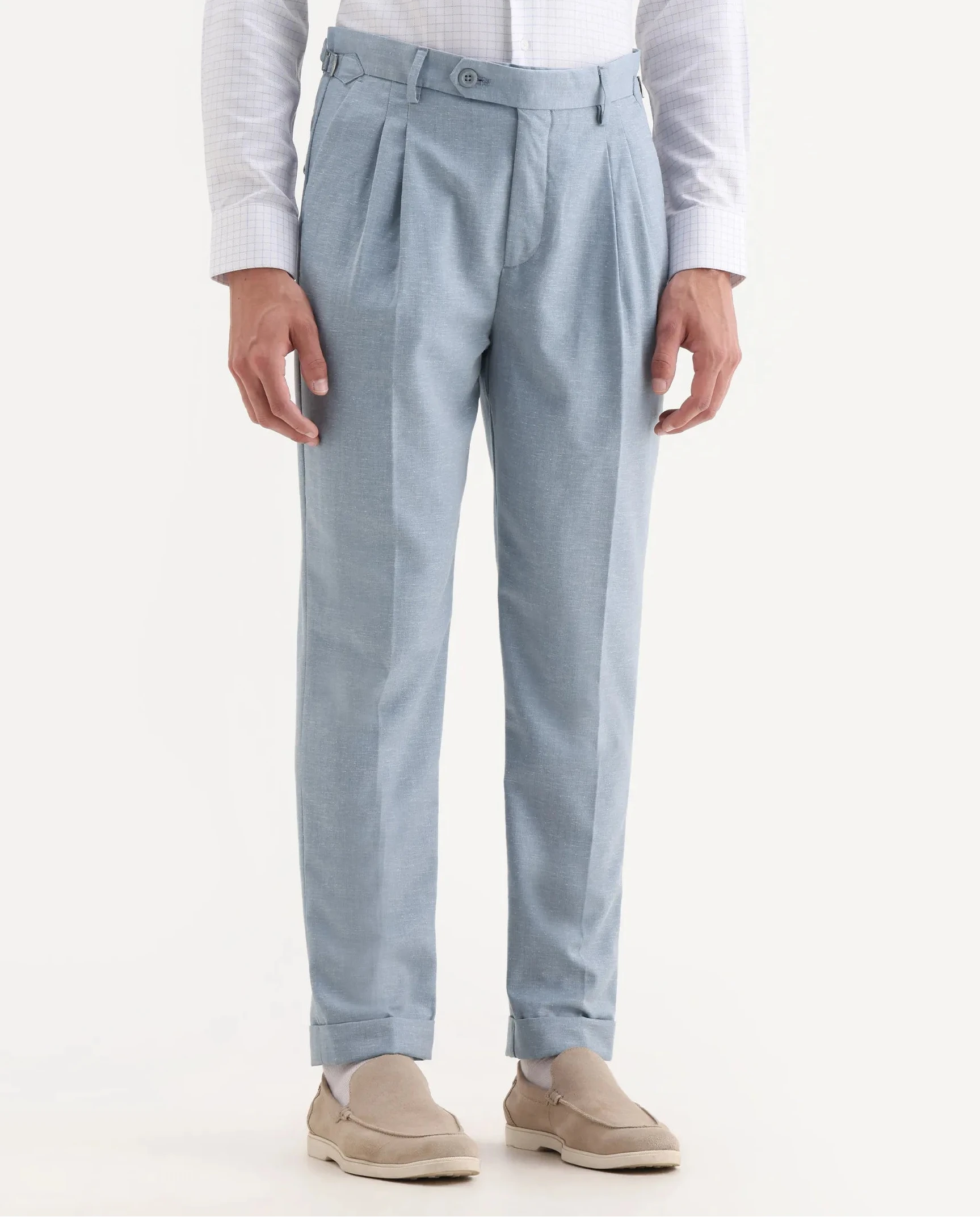 Rare Rabbit Men's Rhesa Light Blue Linen Blend Plain Relaxed Fit Trouser