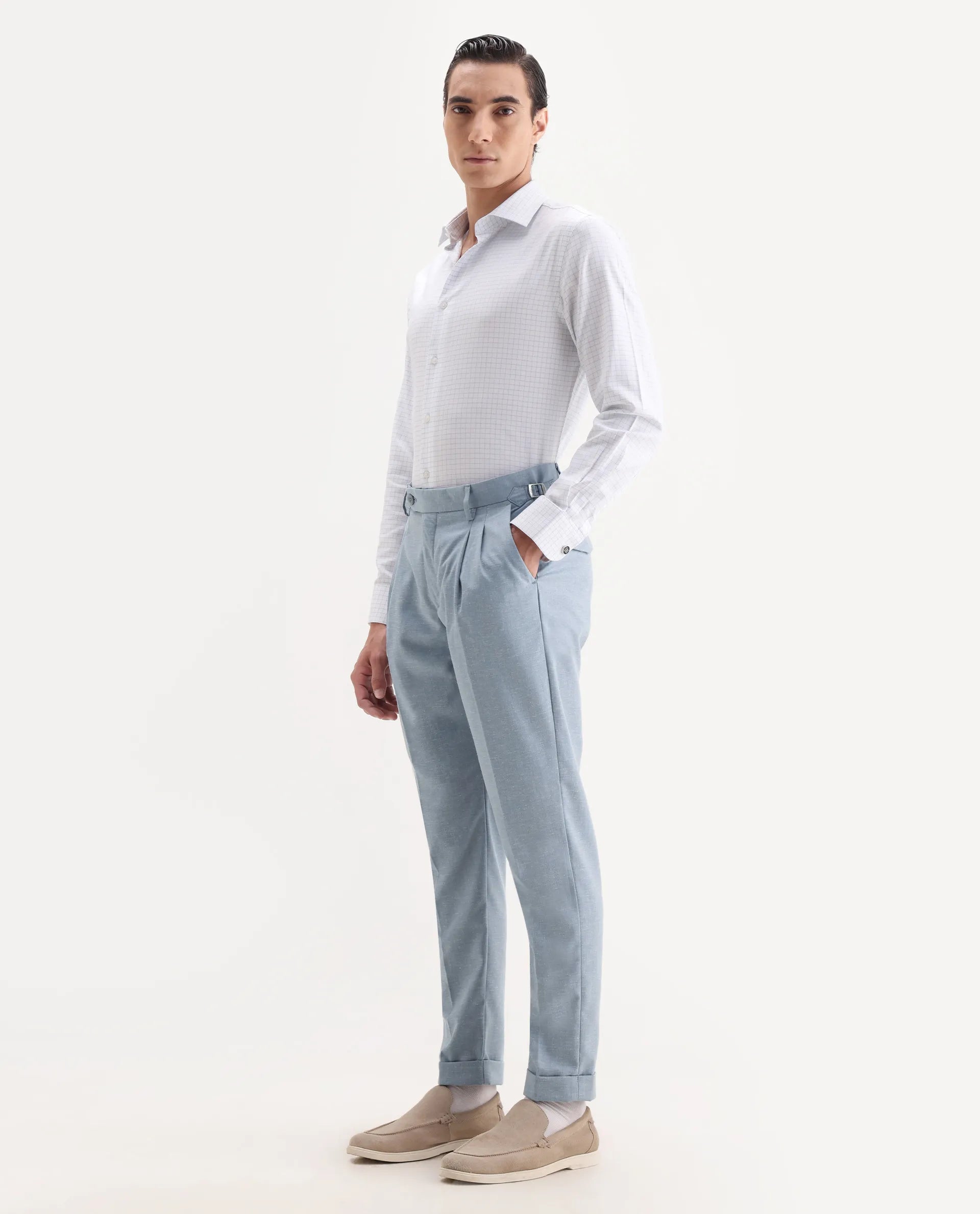 Rare Rabbit Men's Rhesa Light Blue Linen Blend Plain Relaxed Fit Trouser