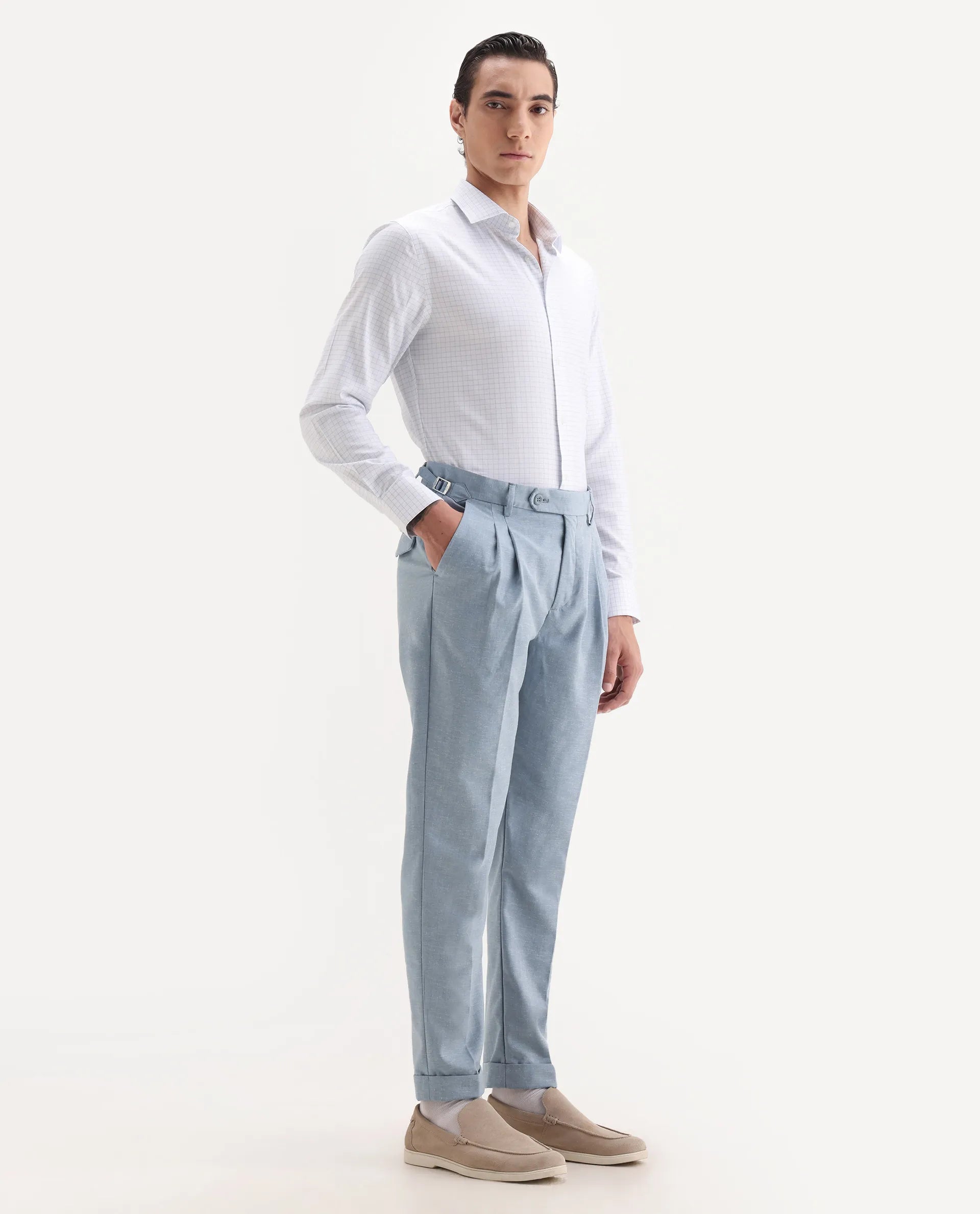Rare Rabbit Men's Rhesa Light Blue Linen Blend Plain Relaxed Fit Trouser