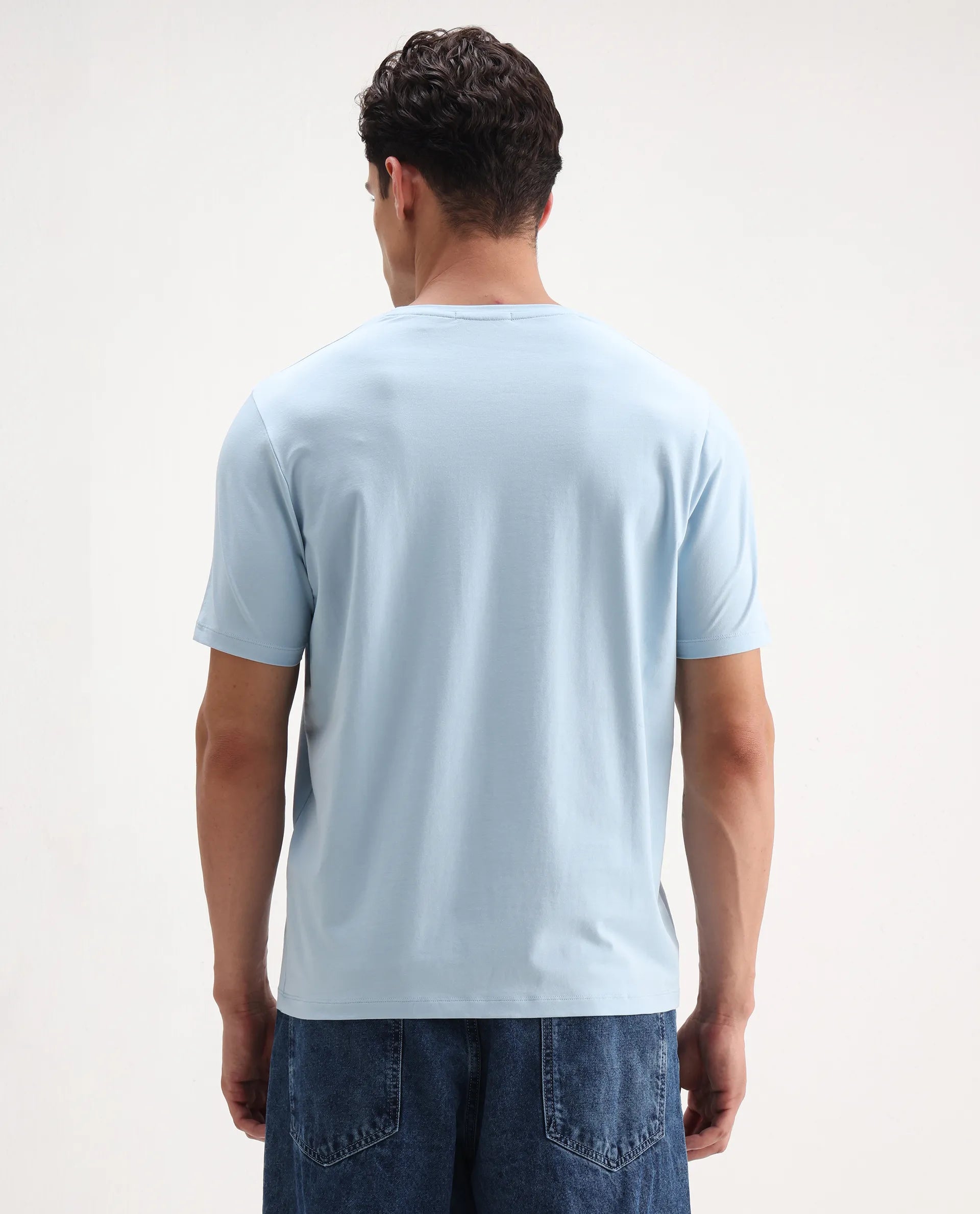 Rare Rabbit Men's Rhod Light Blue Cotton Blend Graphic Print Regular Fit Half Sleeve Crew Neck T-Shirt