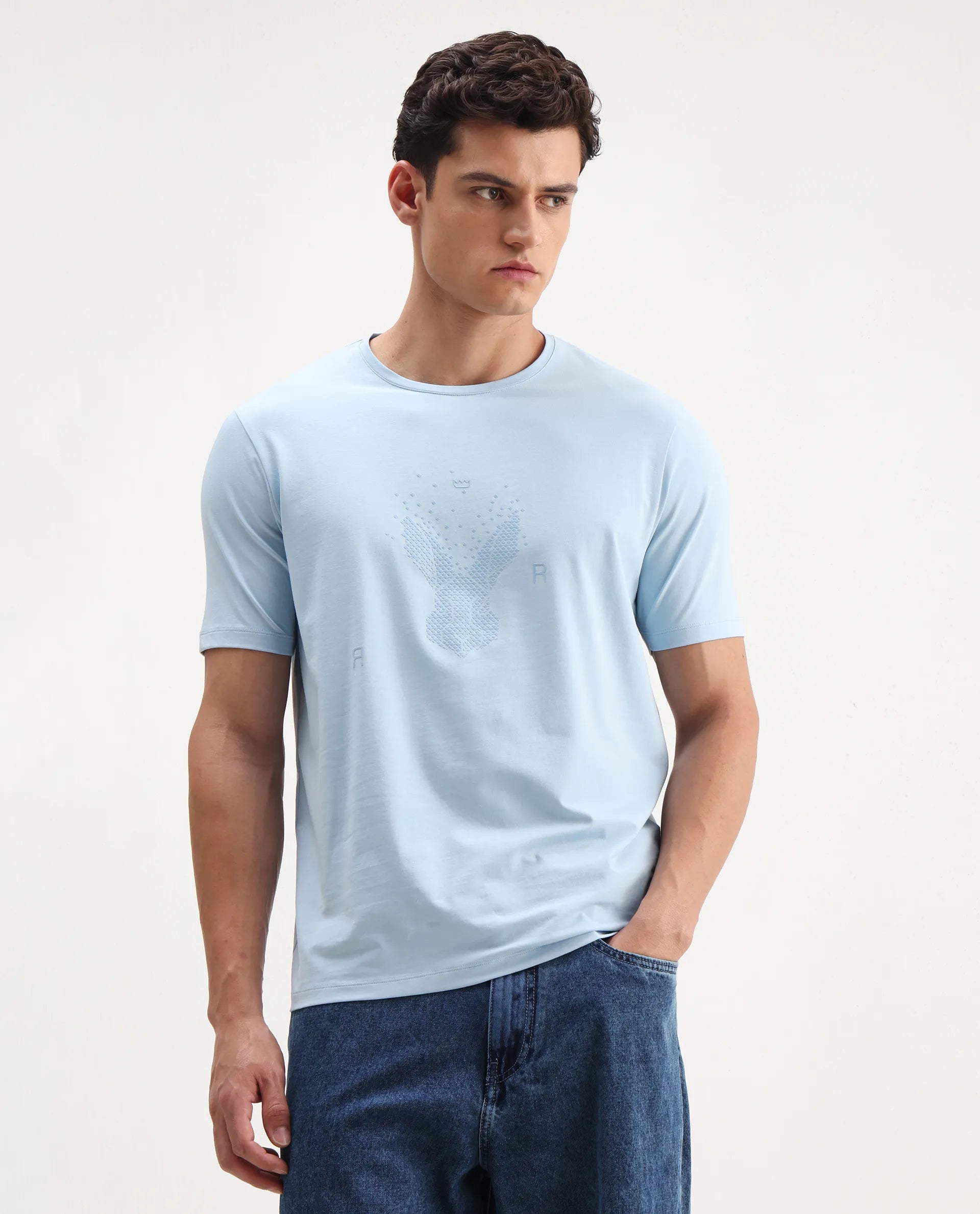 Rare Rabbit Men's Rhod Light Blue Cotton Blend Graphic Print Regular Fit Half Sleeve Crew Neck T-Shirt