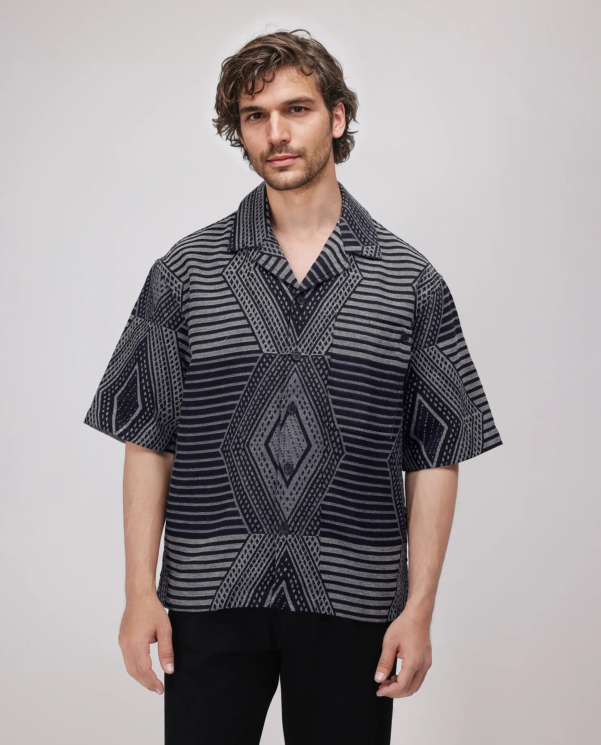 Rare Rabbit Men's Rhom Dark Navy Cotton Jacquard Oversized Fit Half Sleeve Cuban Collar Shirt