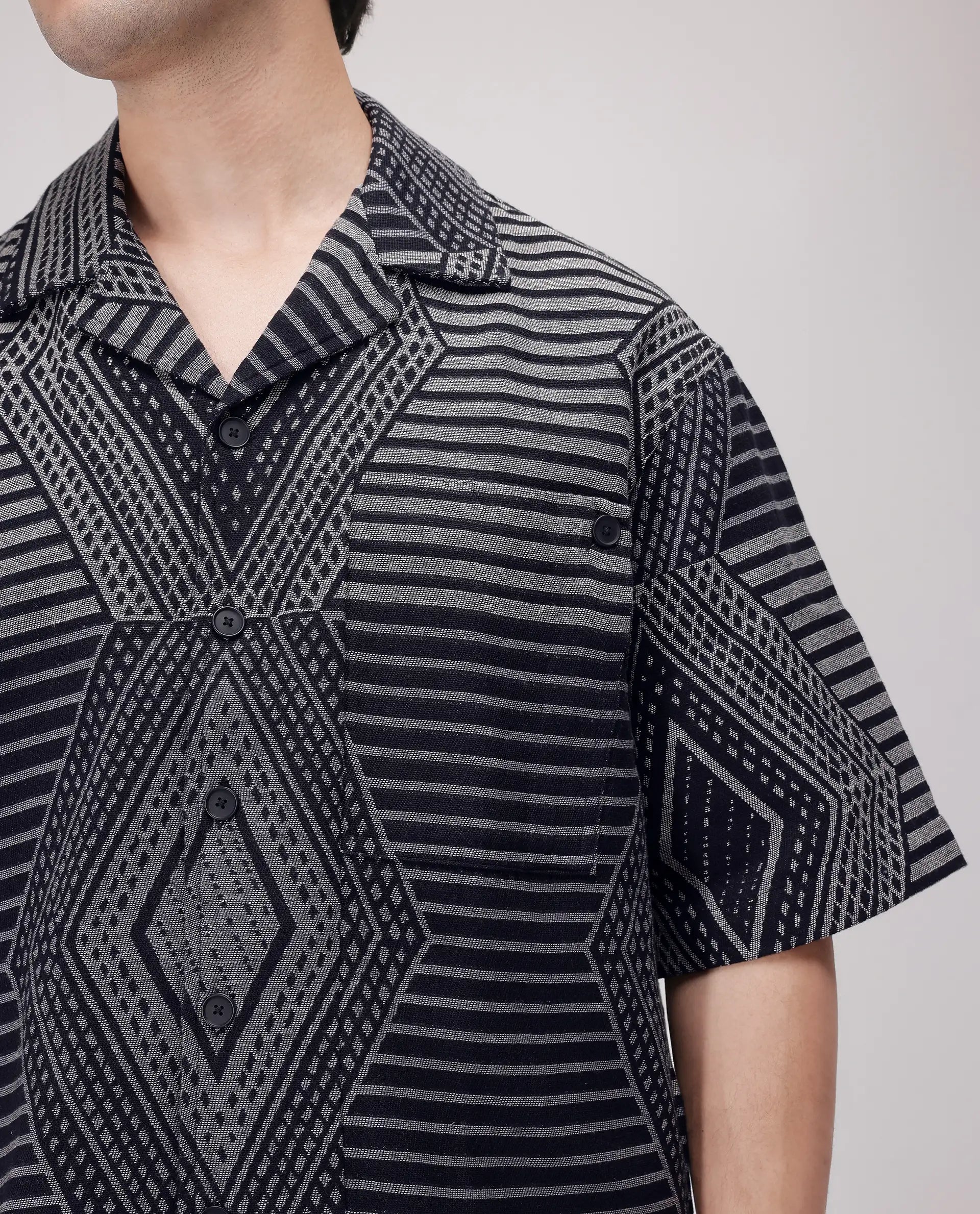 Rare Rabbit Men's Rhom Dark Navy Cotton Jacquard Oversized Fit Half Sleeve Cuban Collar Shirt