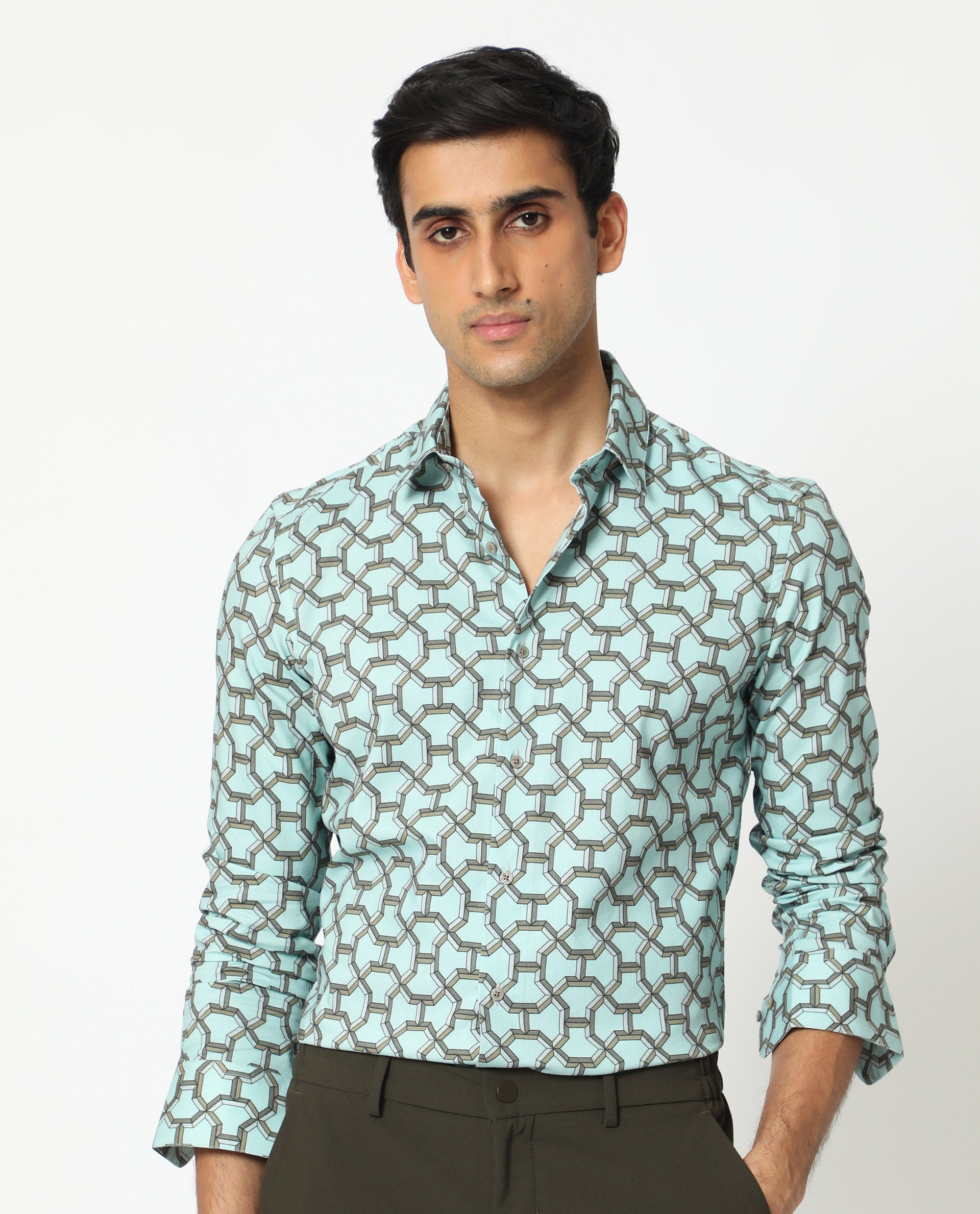 Rare Rabbit Men's Rhone Light Blue Cotton Viscose Fabric Geometric Print Full Sleeves Shirt
