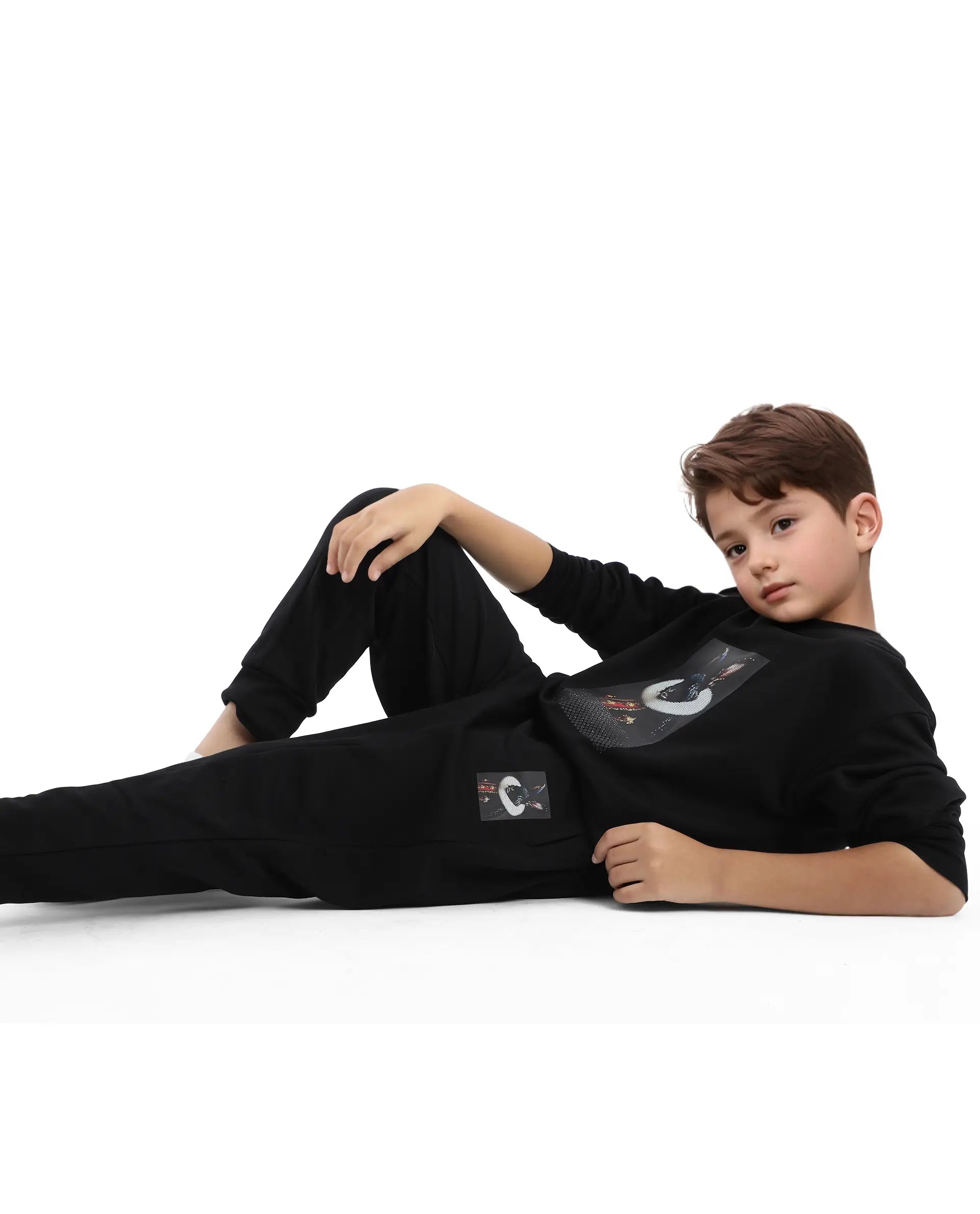 Rare Ones Kids Rib Black Cotton Cmyk Print Trackpant