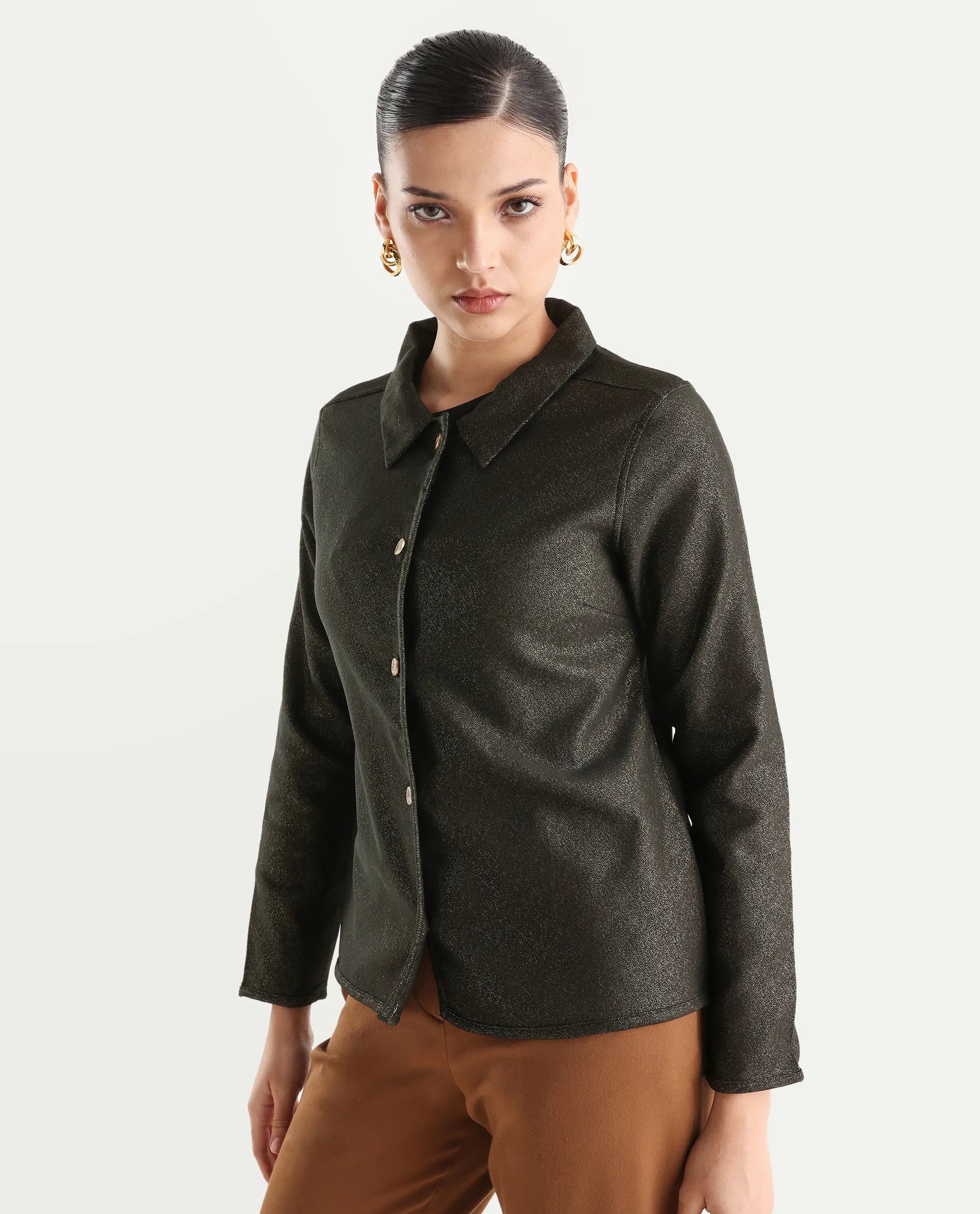 Rareism Women's Ribok Black Polyester Drop Collar Jacquard Regular Fit Jacket