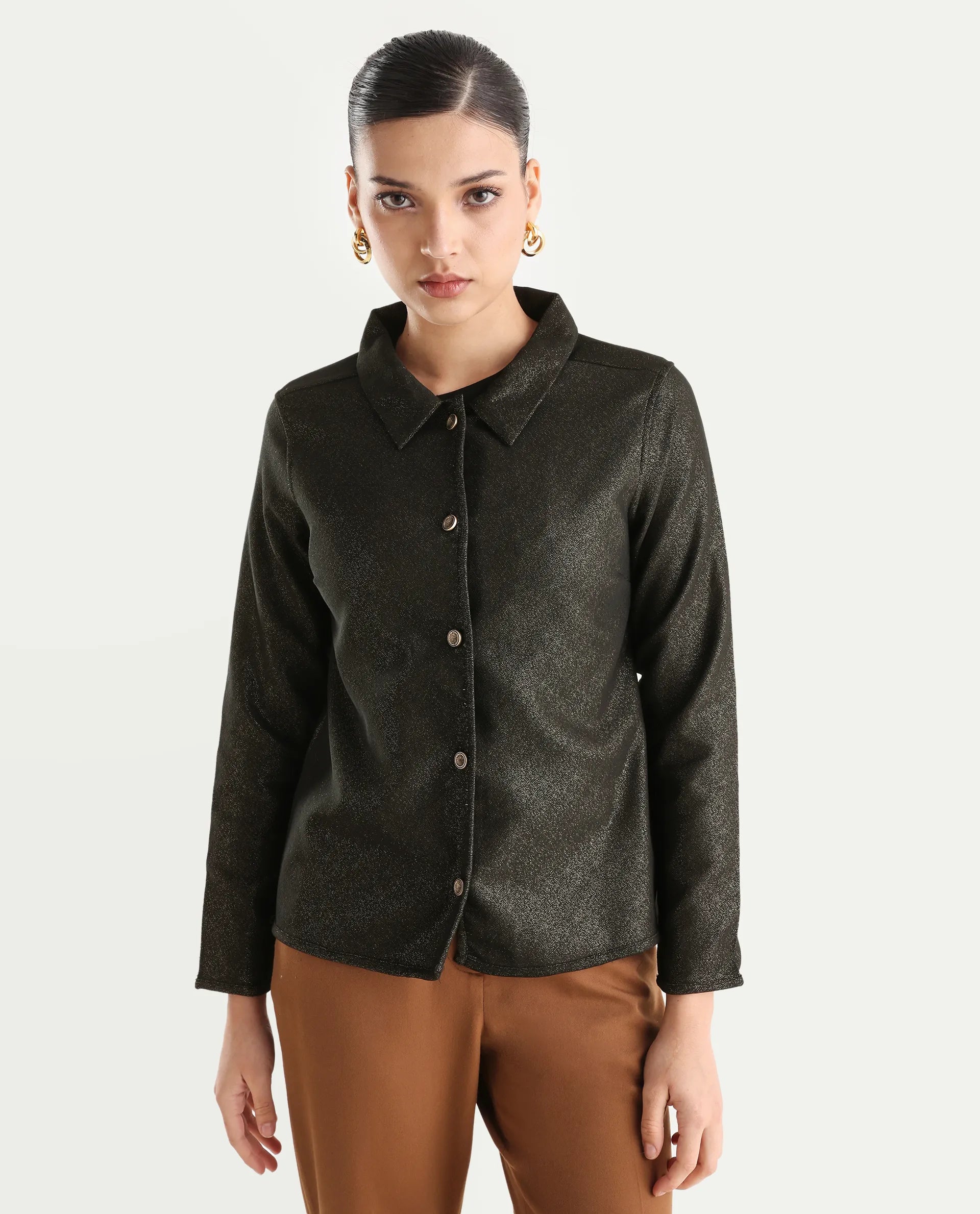 Rareism Women's Ribok Black Polyester Drop Collar Jacquard Regular Fit Jacket