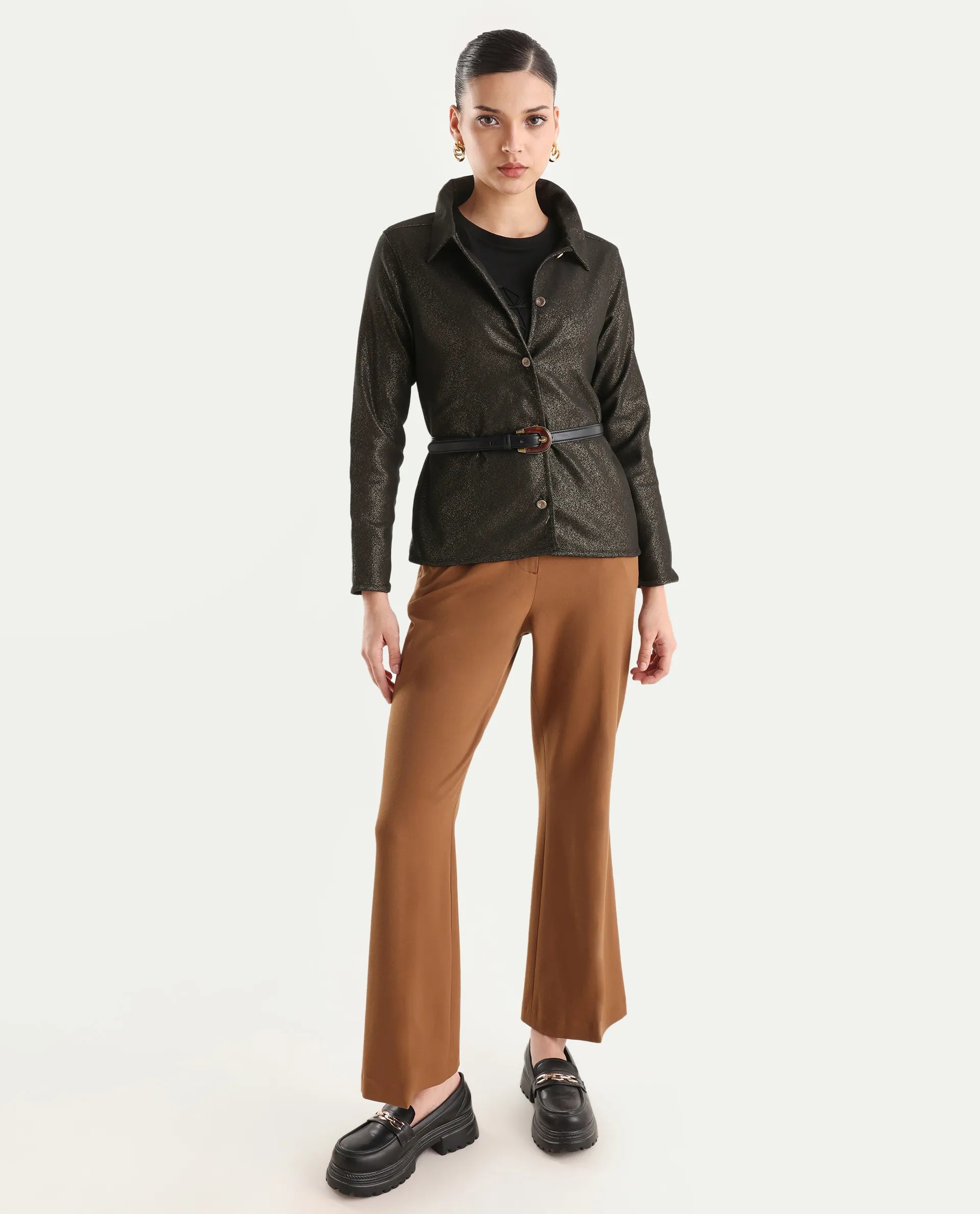 Rareism Women's Ribok Black Polyester Drop Collar Jacquard Regular Fit Jacket