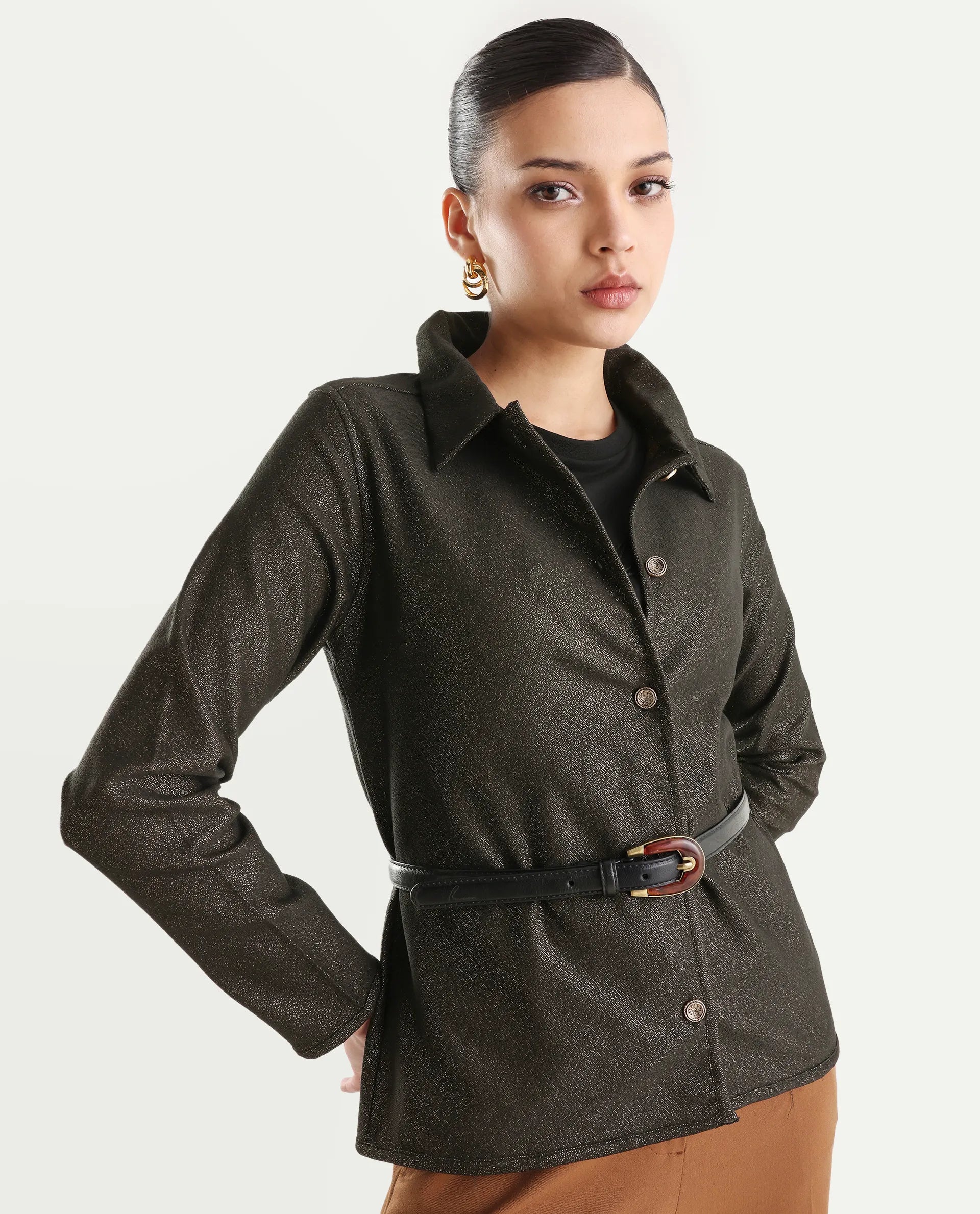 Rareism Women's Ribok Black Polyester Drop Collar Jacquard Regular Fit Jacket