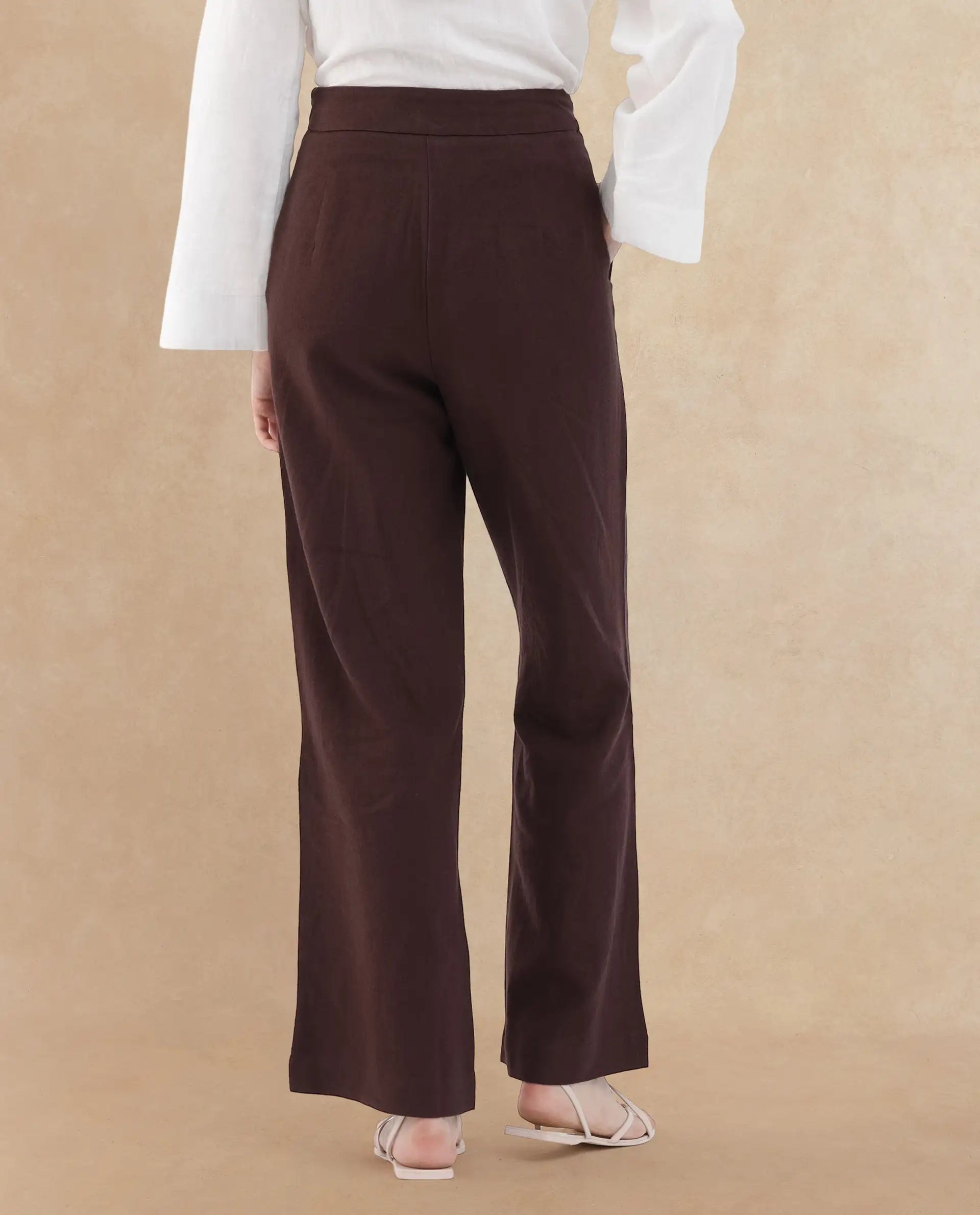 Rareism Women's Rica Brown Cotton Linen Plain Ankle Length Wide Trouser