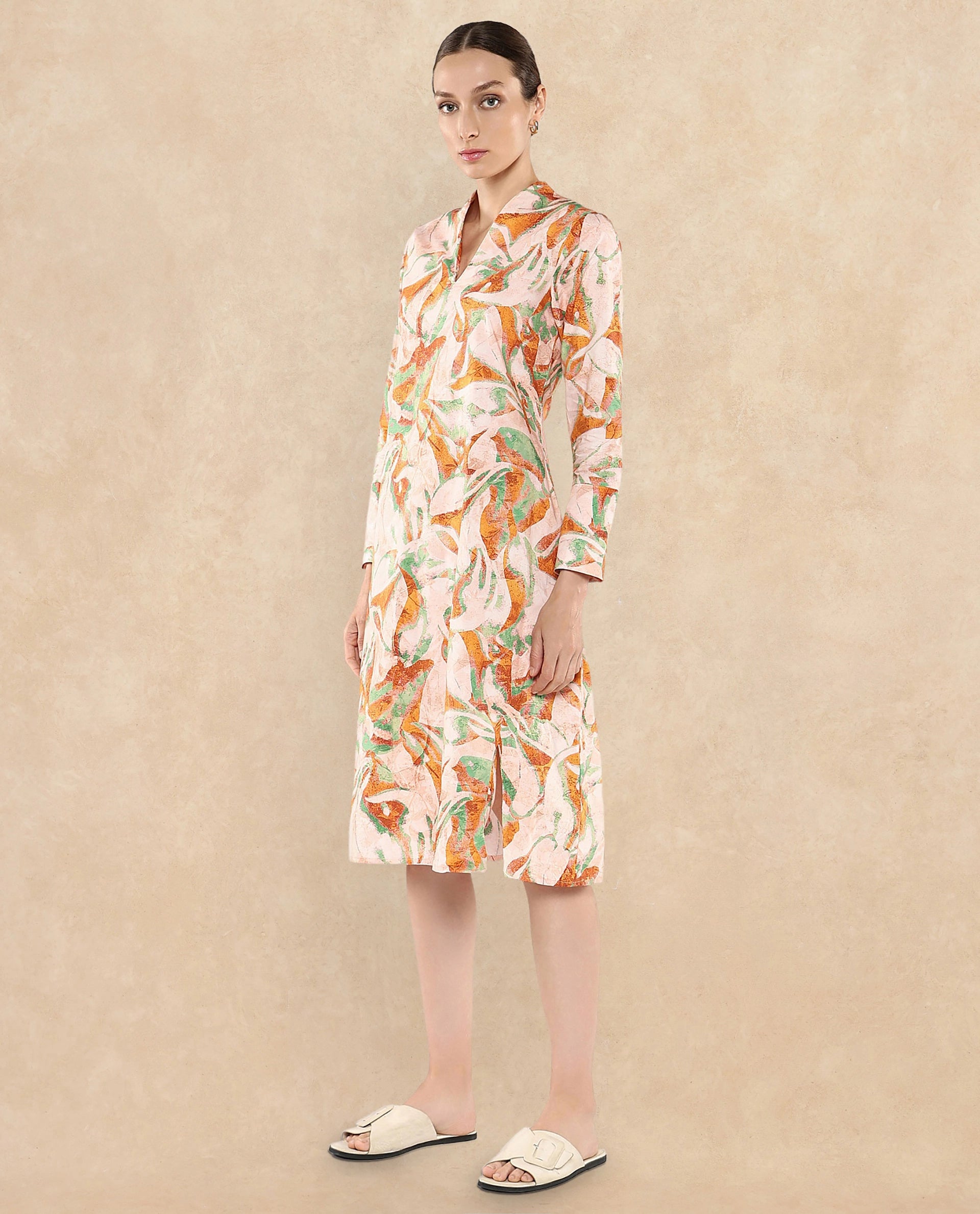 Rareism Women's Ricato Multi Cotton Fabric V-Neck Cuffed Sleeve Abstract A-Line Midi Dress