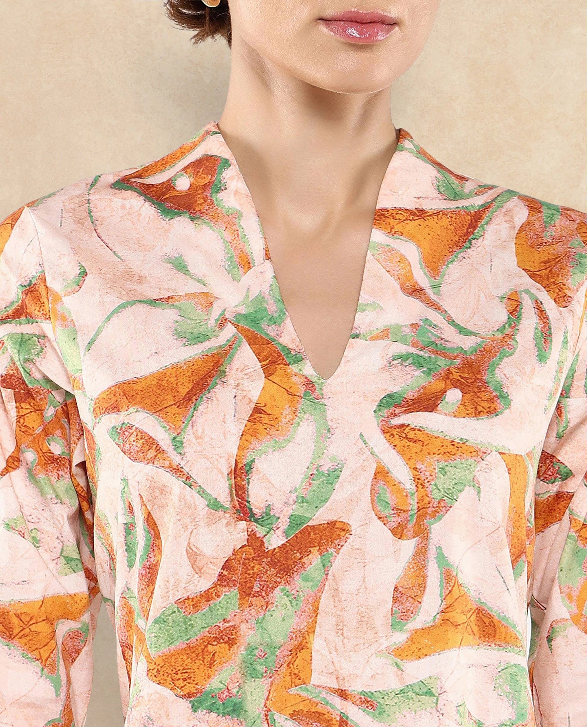 Rareism Women's Ricato Multi Cotton Fabric V-Neck Cuffed Sleeve Abstract A-Line Midi Dress