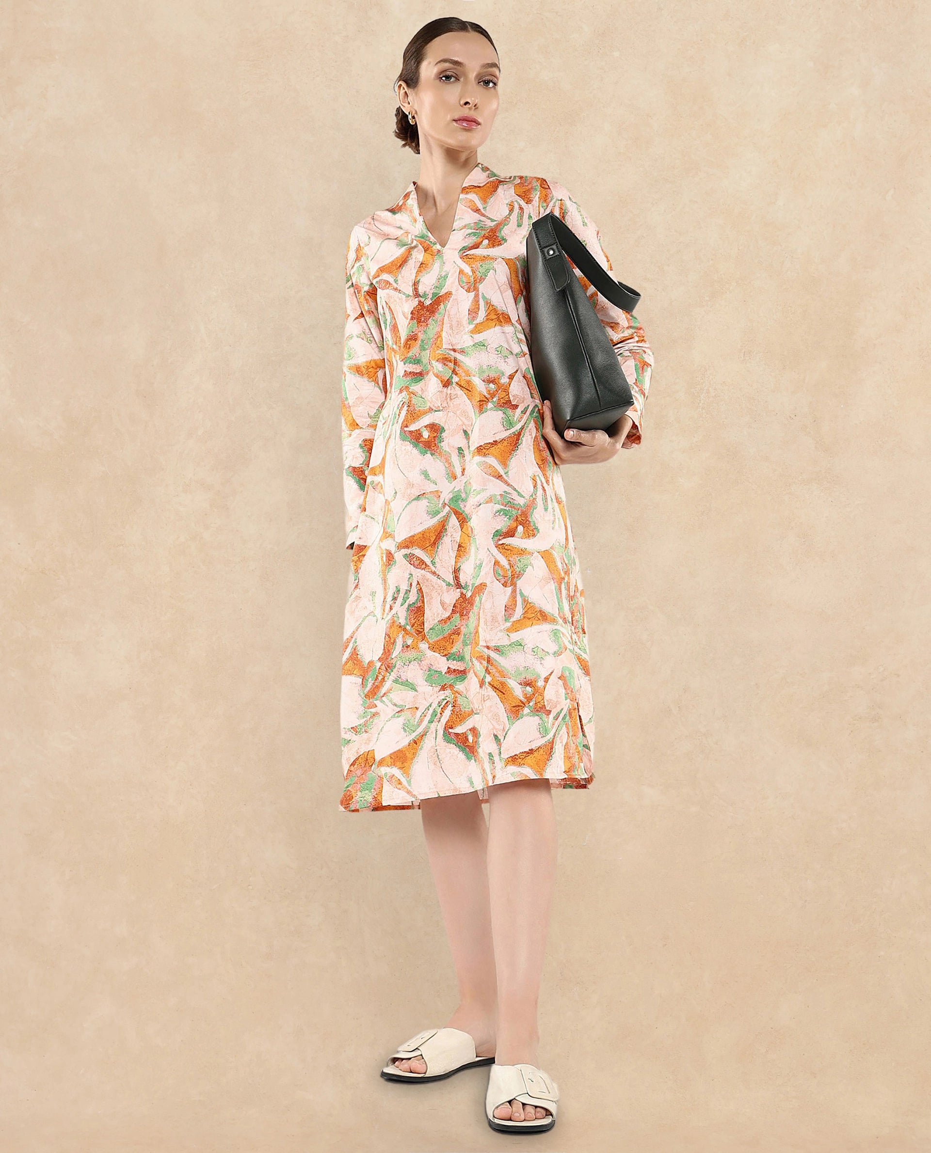 Rareism Women's Ricato Multi Cotton Fabric V-Neck Cuffed Sleeve Abstract A-Line Midi Dress