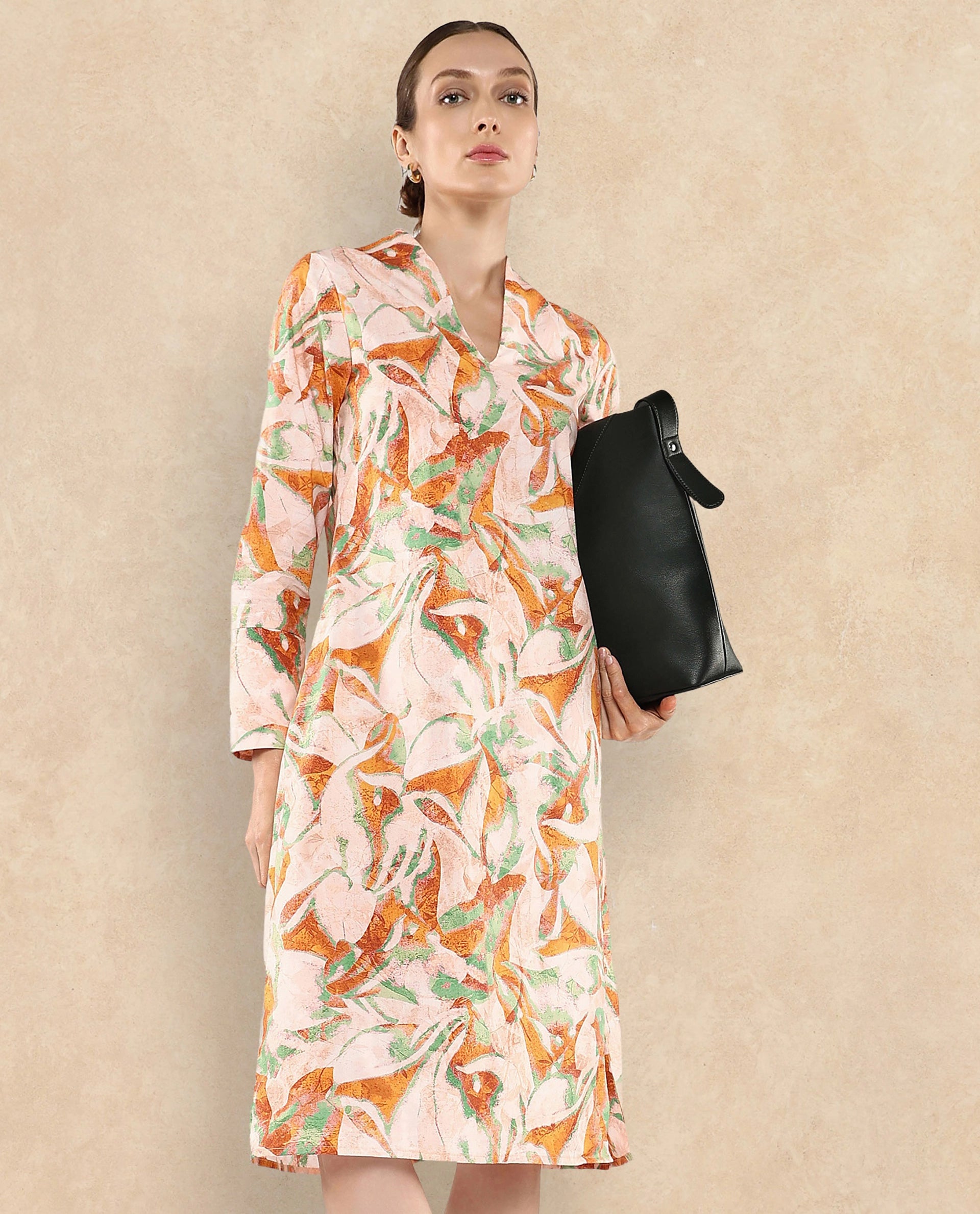 Rareism Women's Ricato Multi Cotton Fabric V-Neck Cuffed Sleeve Abstract A-Line Midi Dress