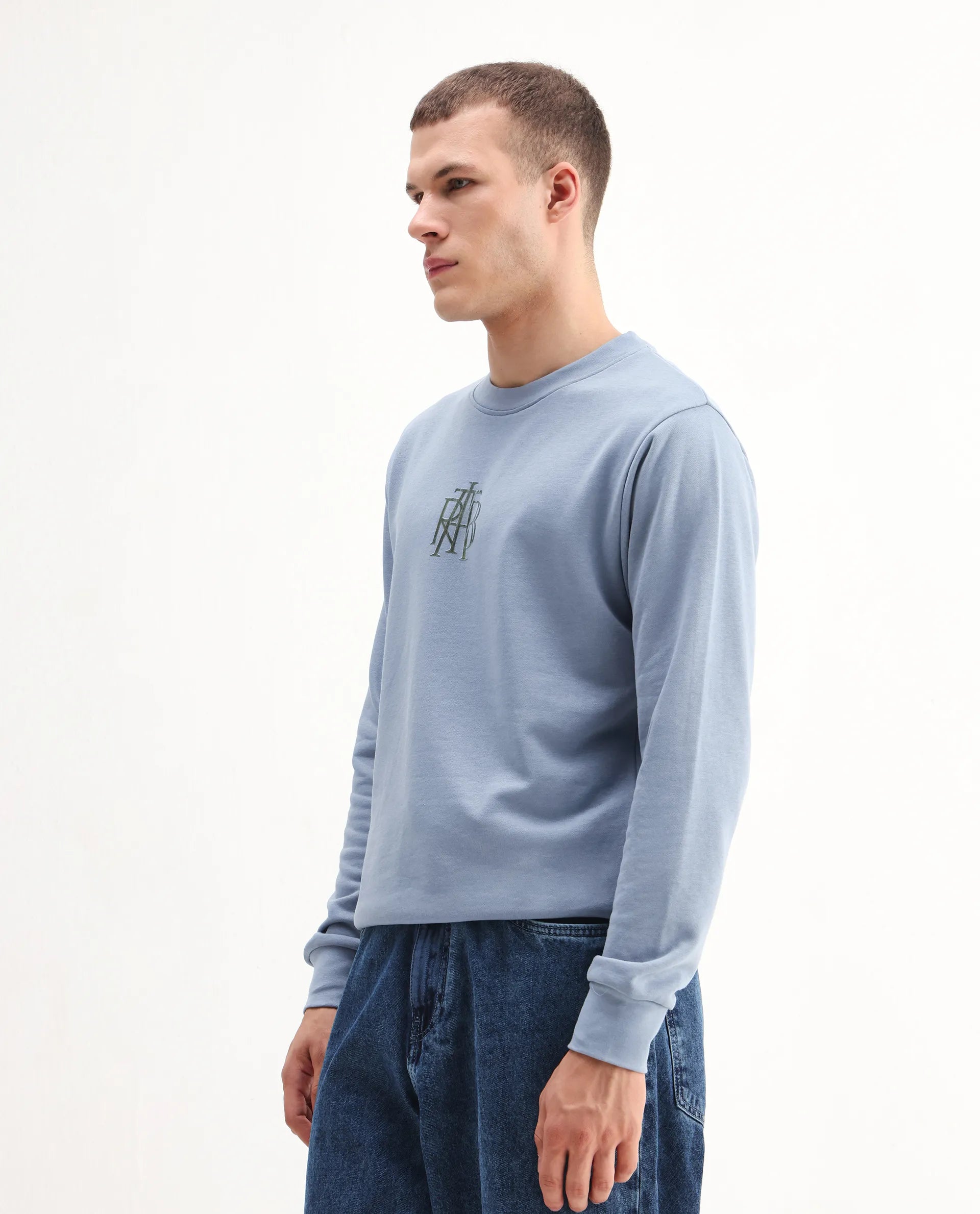 Rare Rabbit Men's Rick Dusky Blue Cotton Blend Graphic Print Regular Fit Full Sleeve Crew Neck Sweatshirt