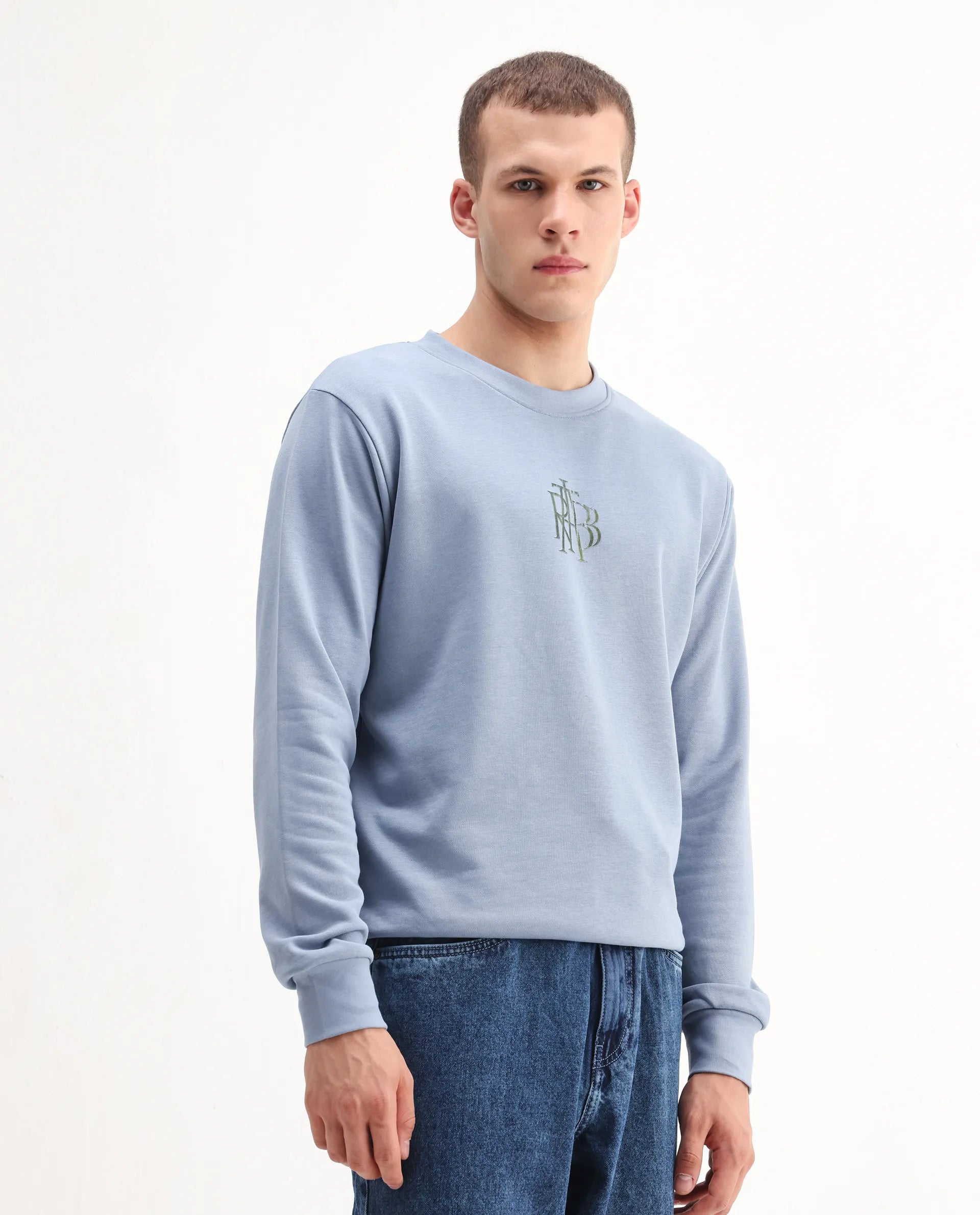 Rare Rabbit Men's Rick Dusky Blue Cotton Blend Graphic Print Regular Fit Full Sleeve Crew Neck Sweatshirt