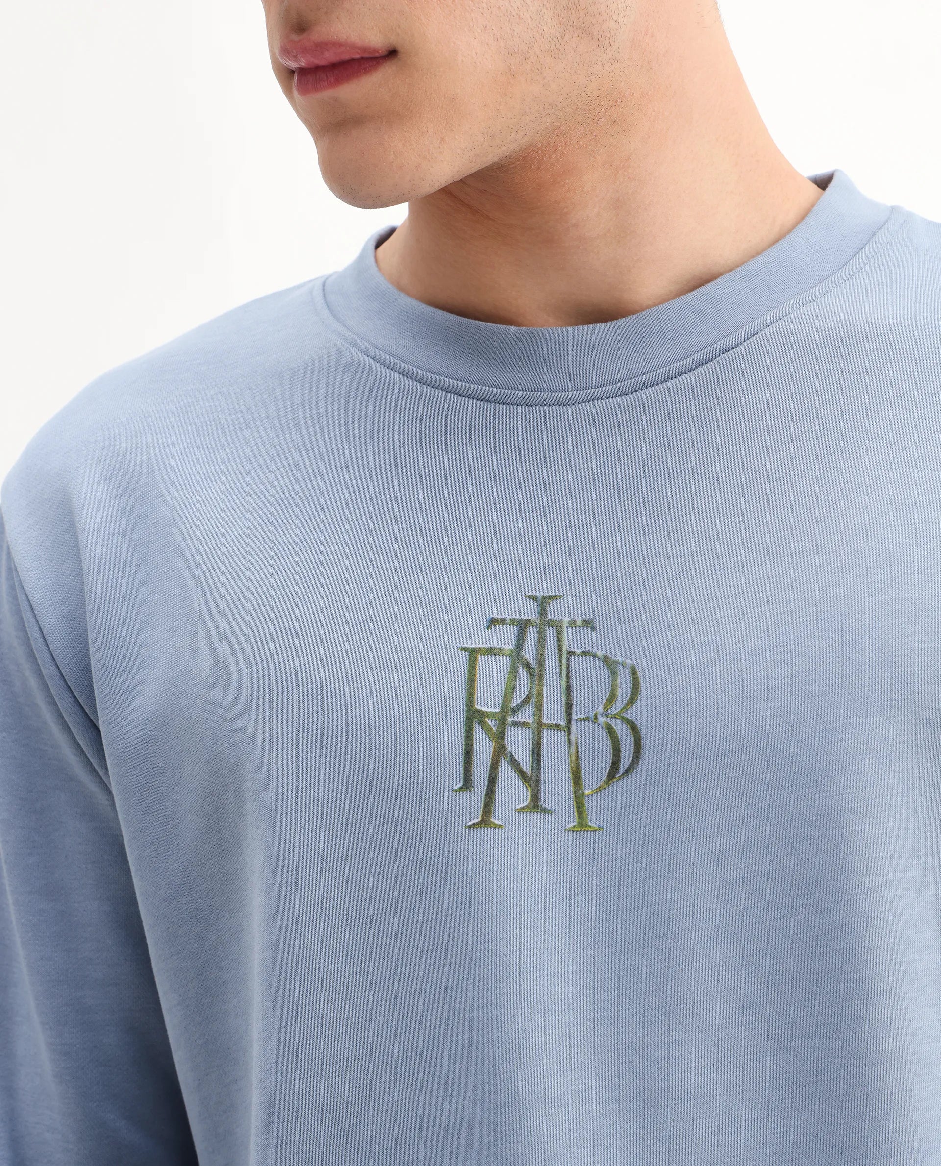 Rare Rabbit Men's Rick Dusky Blue Cotton Blend Graphic Print Regular Fit Full Sleeve Crew Neck Sweatshirt