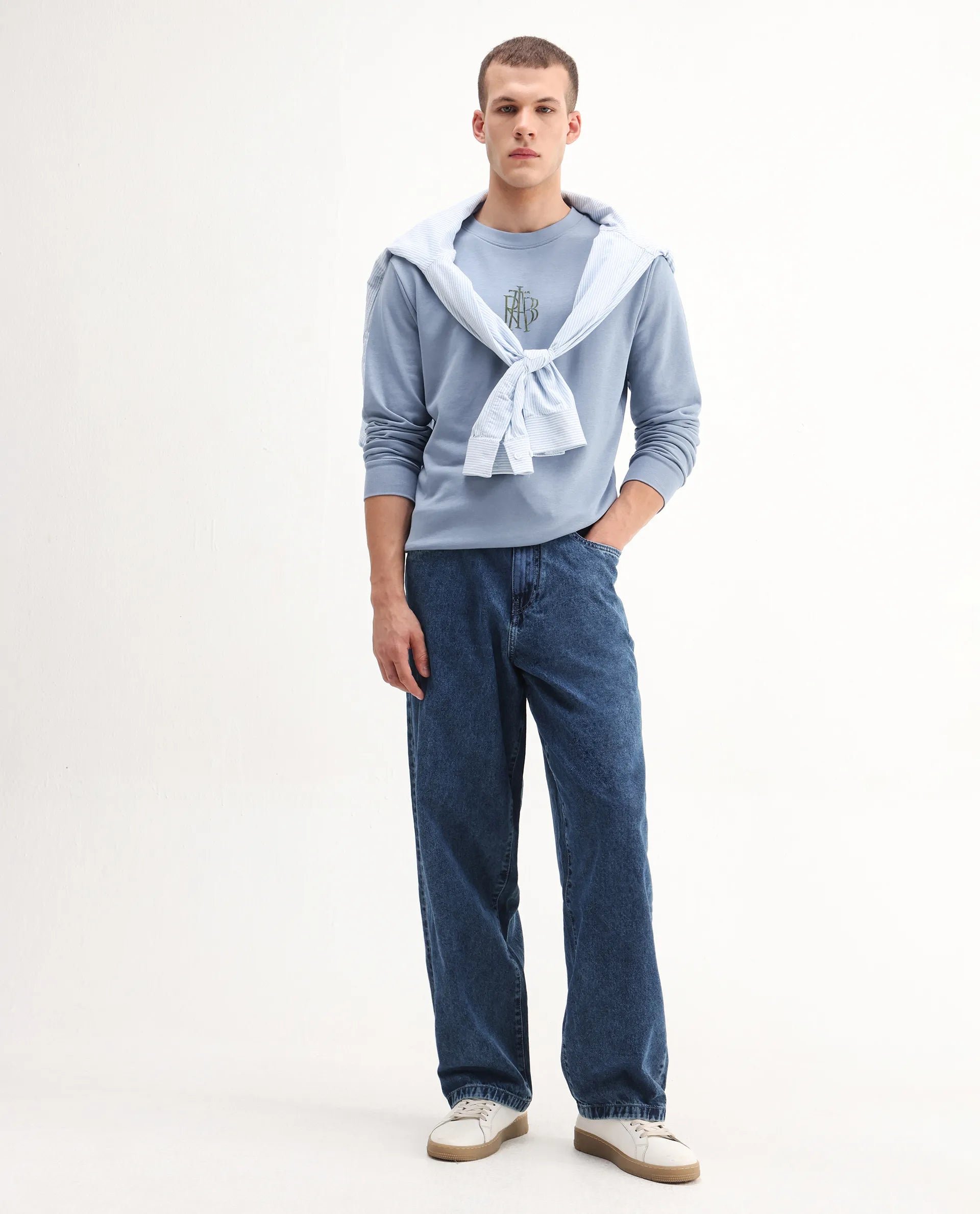 Rare Rabbit Men's Rick Dusky Blue Cotton Blend Graphic Print Regular Fit Full Sleeve Crew Neck Sweatshirt