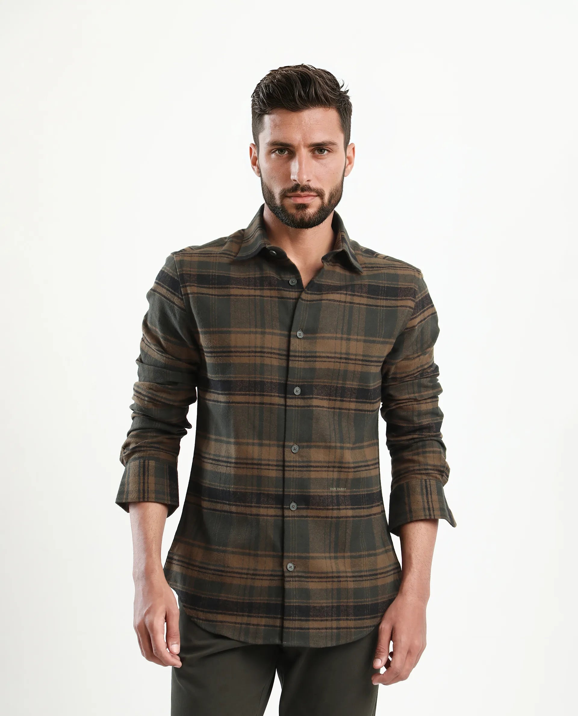 Rare Rabbit Men's Ricl Brown Cotton Checked Print Regular Fit Full Sleeve Collared Shirt