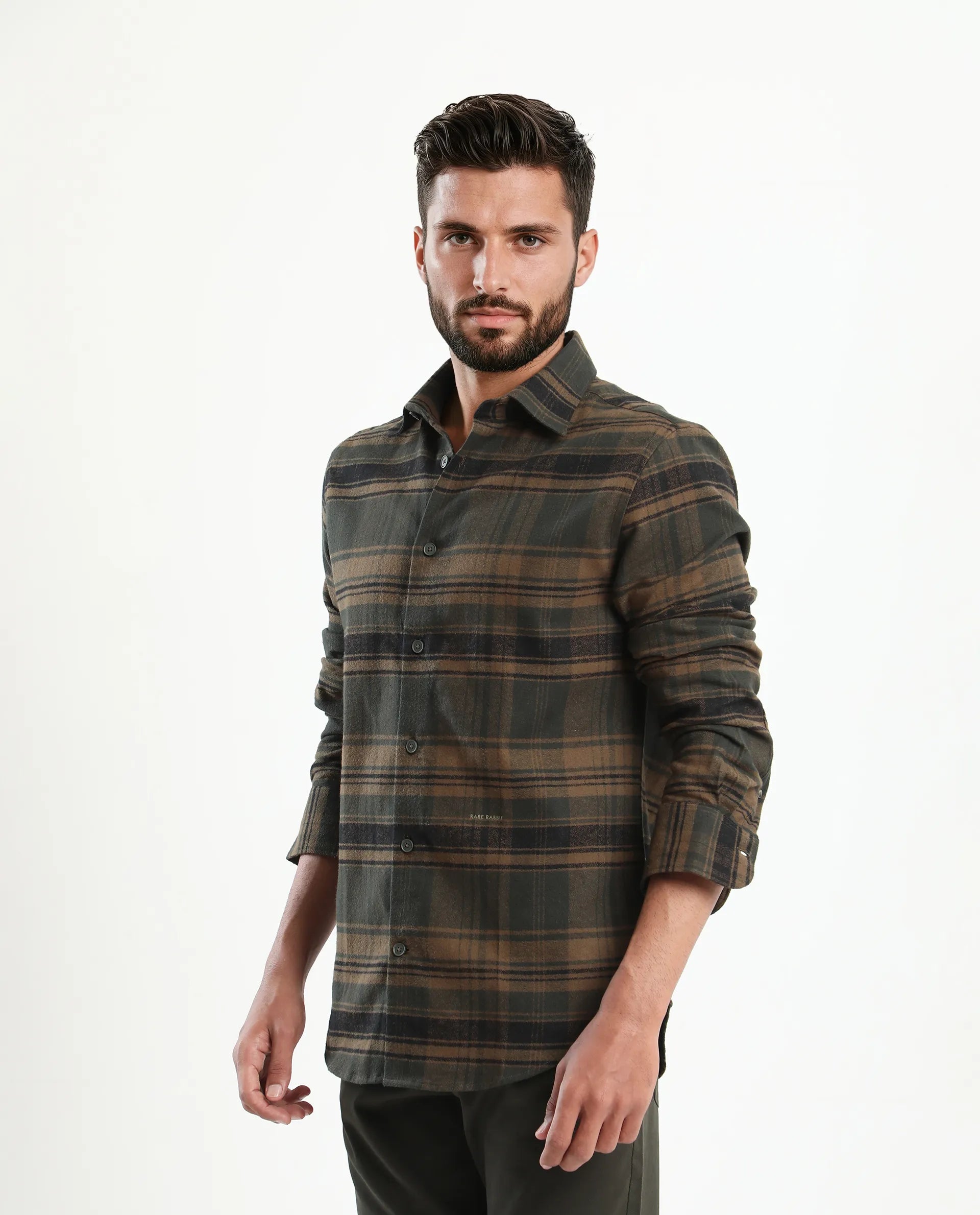 Rare Rabbit Men's Ricl Brown Cotton Checked Print Regular Fit Full Sleeve Collared Shirt