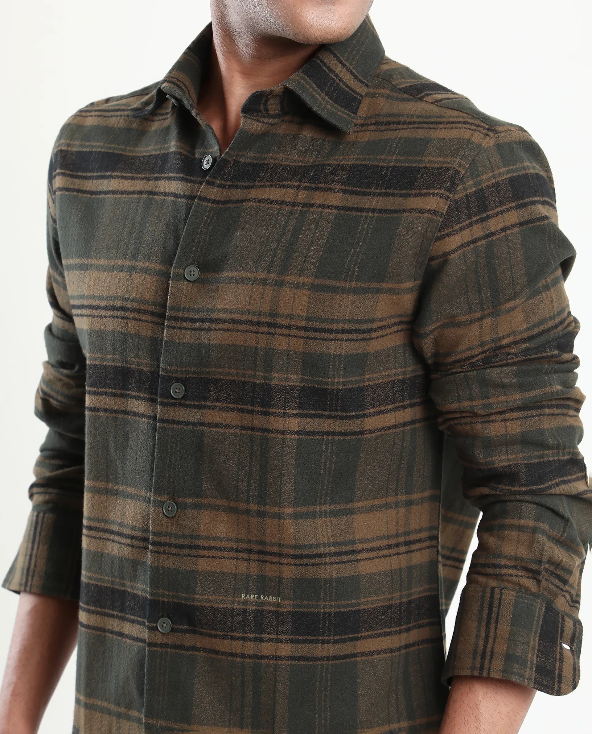 Rare Rabbit Men's Ricl Brown Cotton Checked Print Regular Fit Full Sleeve Collared Shirt