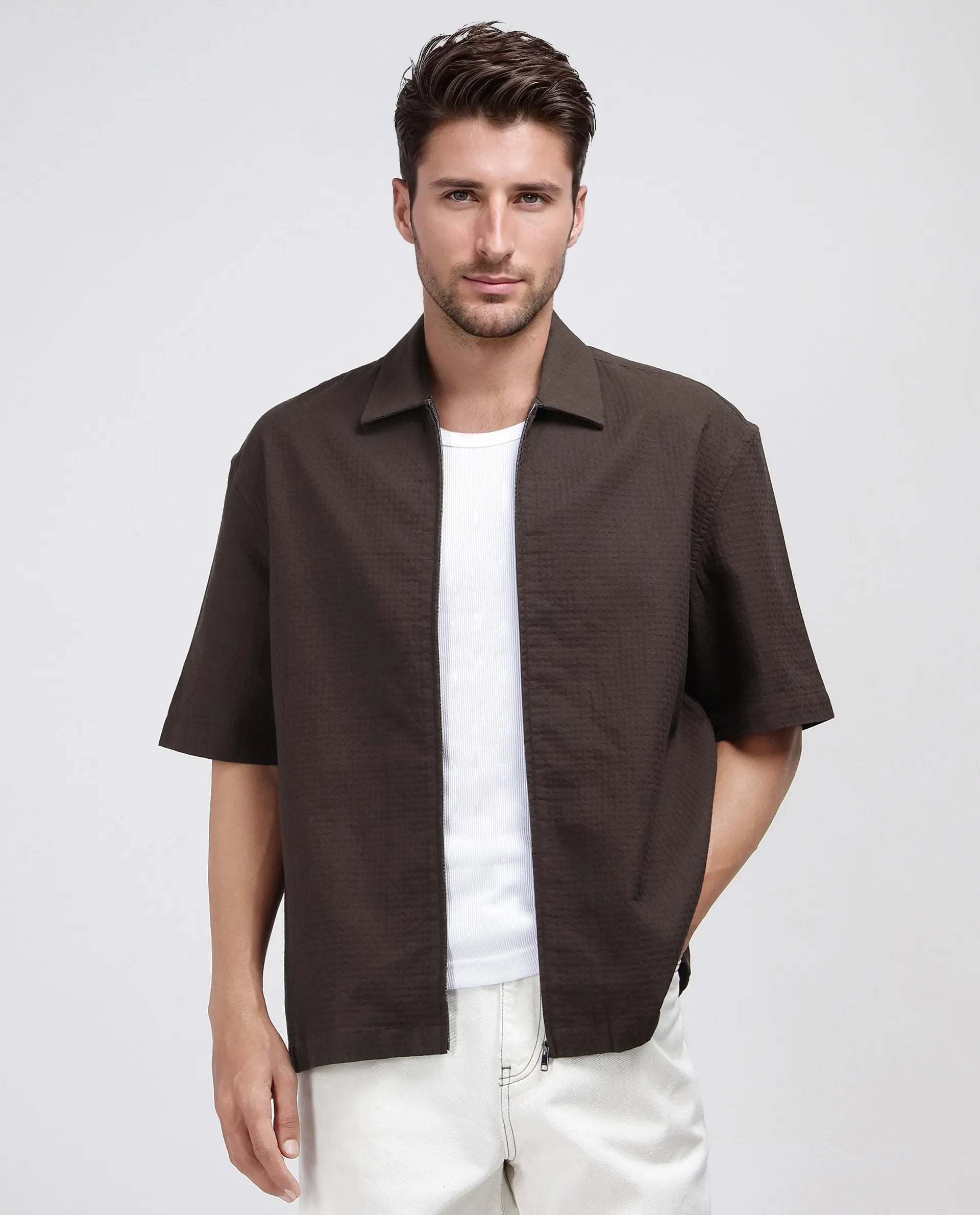 Rare Rabbit Men's Rics Dark Brown Cotton Fabric Short Sleeve Collared Neck Button Closure Printed Shirt