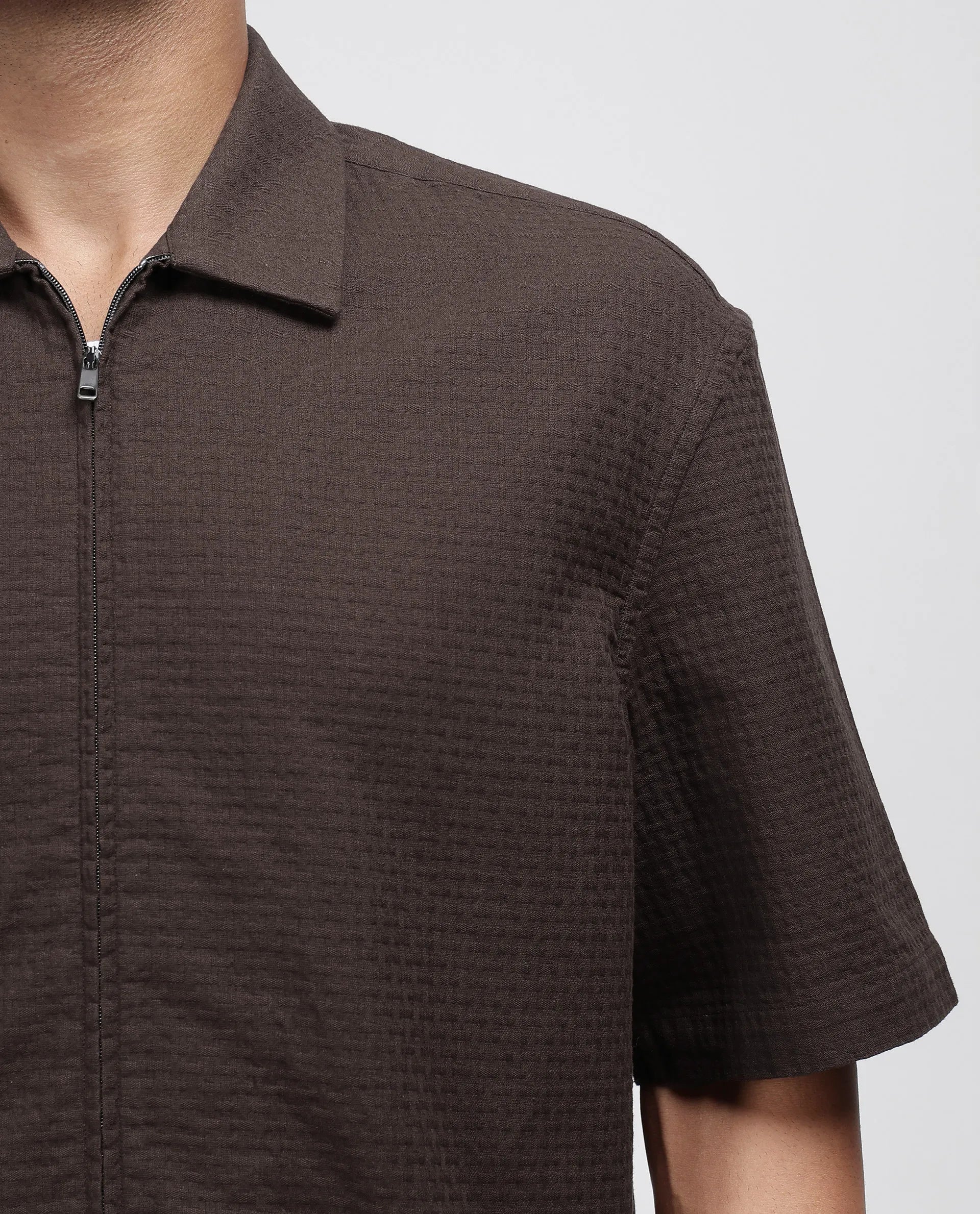 Rare Rabbit Men's Rics Dark Brown Cotton Fabric Short Sleeve Collared Neck Button Closure Printed Shirt