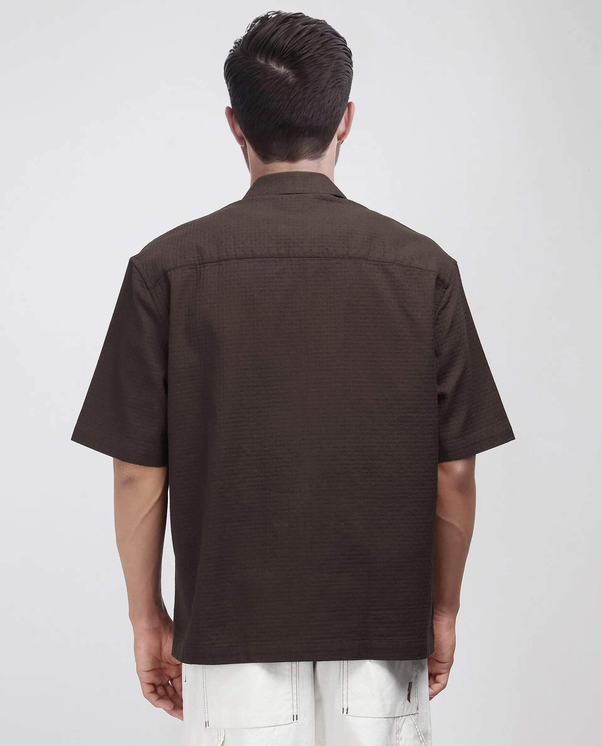 Rare Rabbit Men's Rics Dark Brown Cotton Fabric Short Sleeve Collared Neck Button Closure Printed Shirt