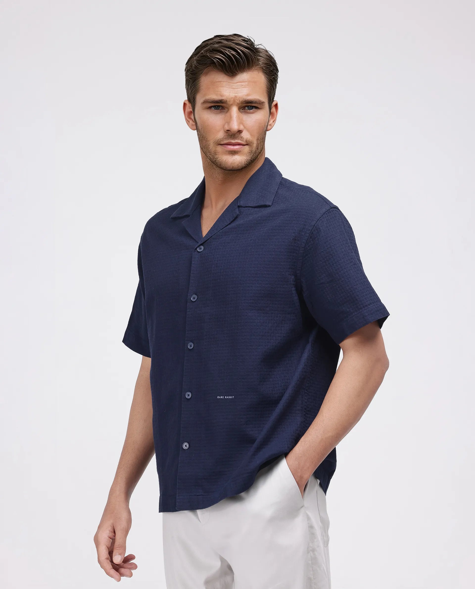 Rare Rabbit Men's Rics Navy Cotton Fabric Short Sleeve Cuban Collar Button Closure Textured Shirt