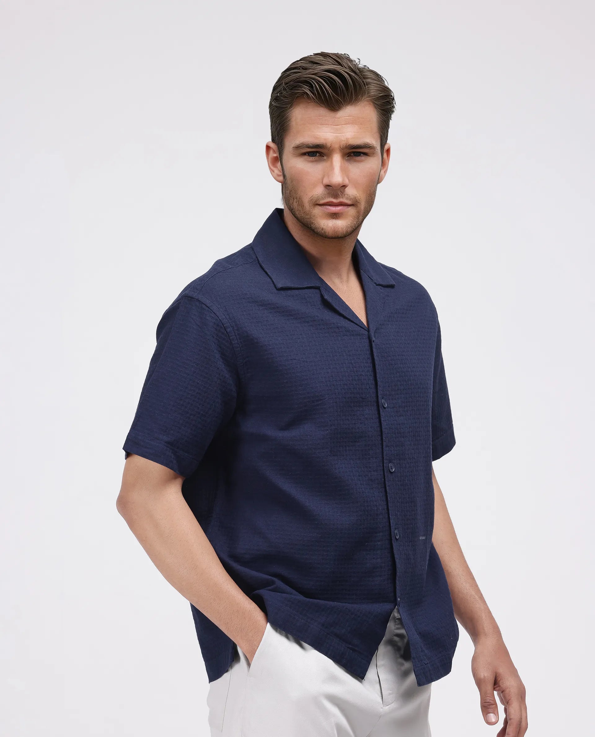 Rare Rabbit Men's Rics Navy Cotton Fabric Short Sleeve Cuban Collar Button Closure Textured Shirt