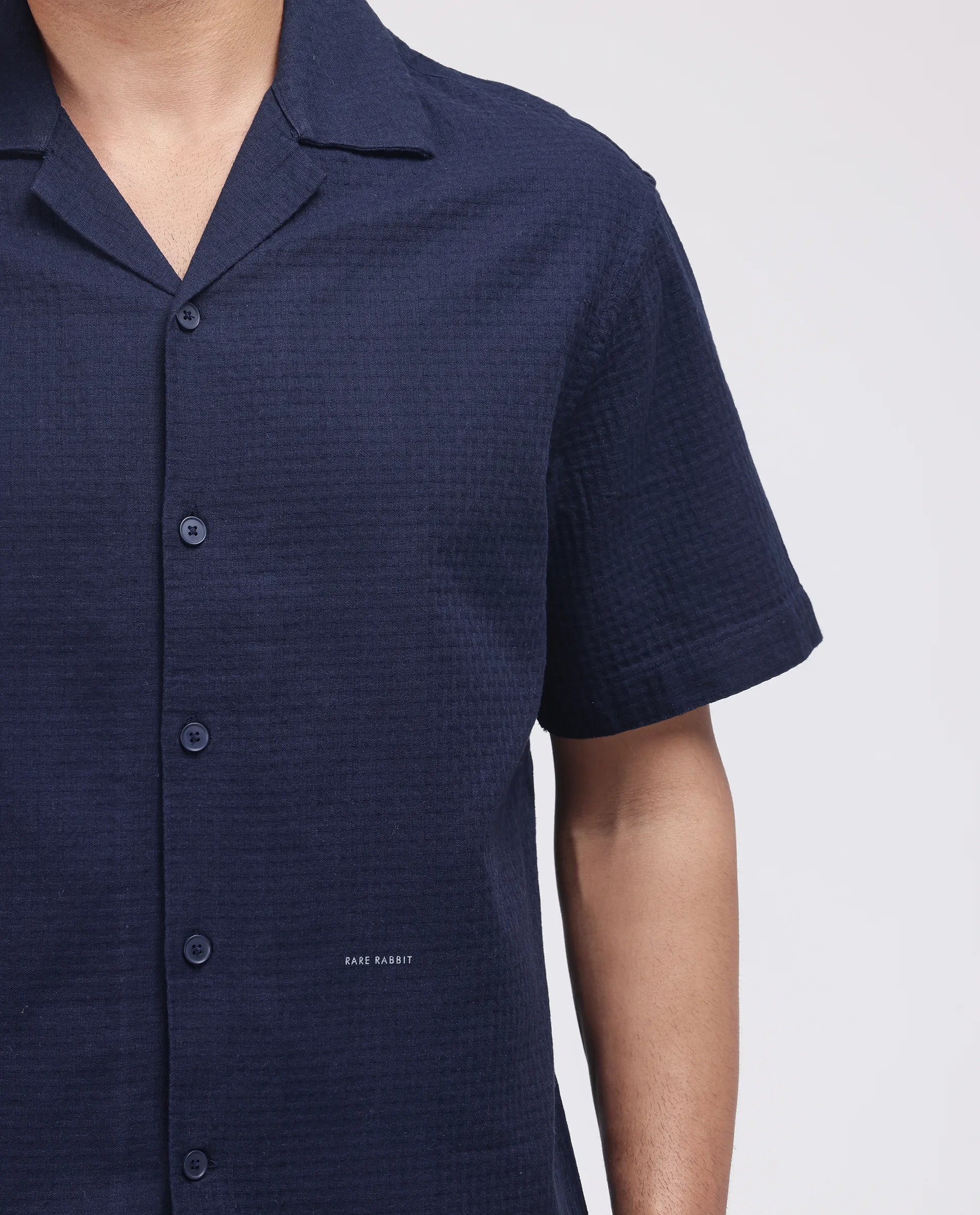 Rare Rabbit Men's Rics Navy Cotton Fabric Short Sleeve Cuban Collar Button Closure Textured Shirt
