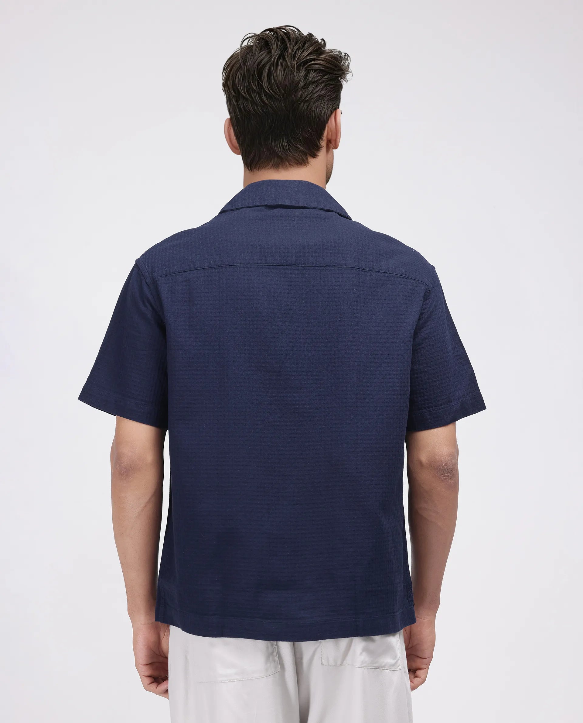 Rare Rabbit Men's Rics Navy Cotton Fabric Short Sleeve Cuban Collar Button Closure Textured Shirt